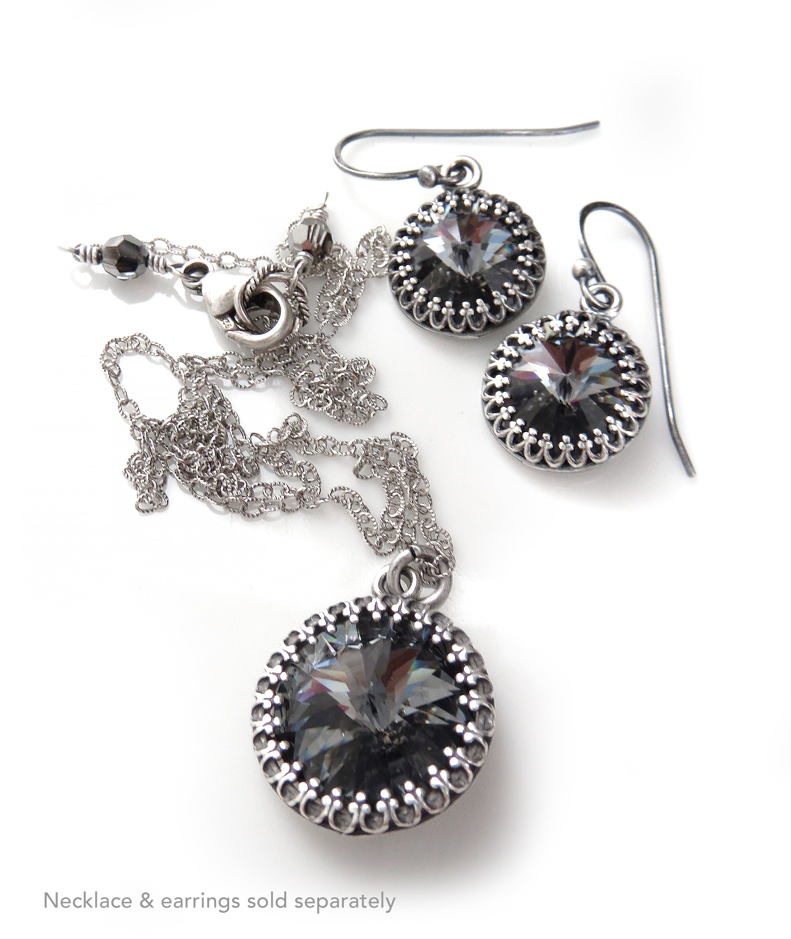 Black Night Crystal Earrings with Vintage Style Crown Bezels