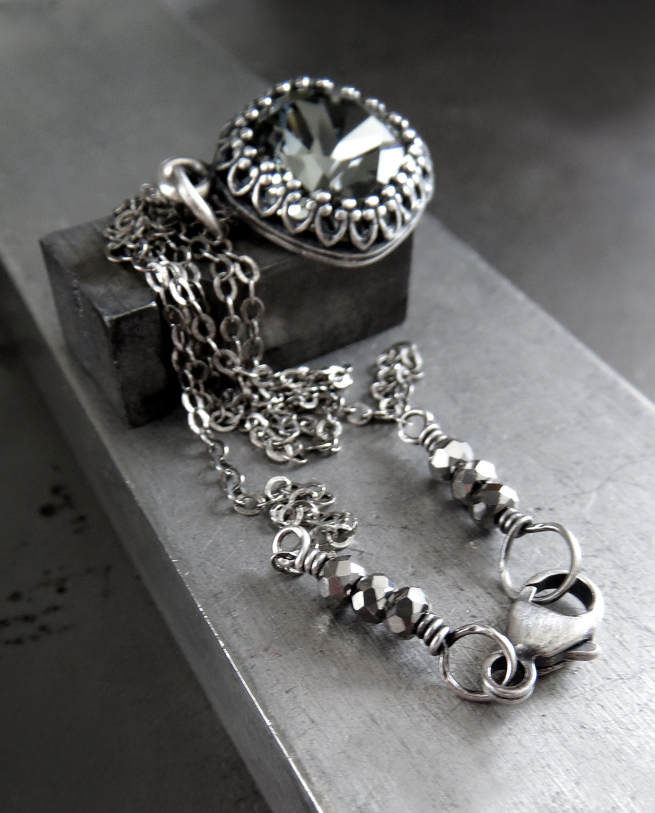 ETERNITY - Black Diamond  Crystal Necklace with Vintage Style Crown Bezel