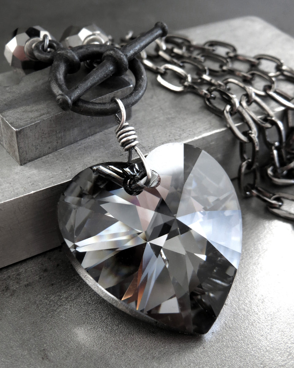 Large Black Crystal Heart Necklace - Black Goth Valentine