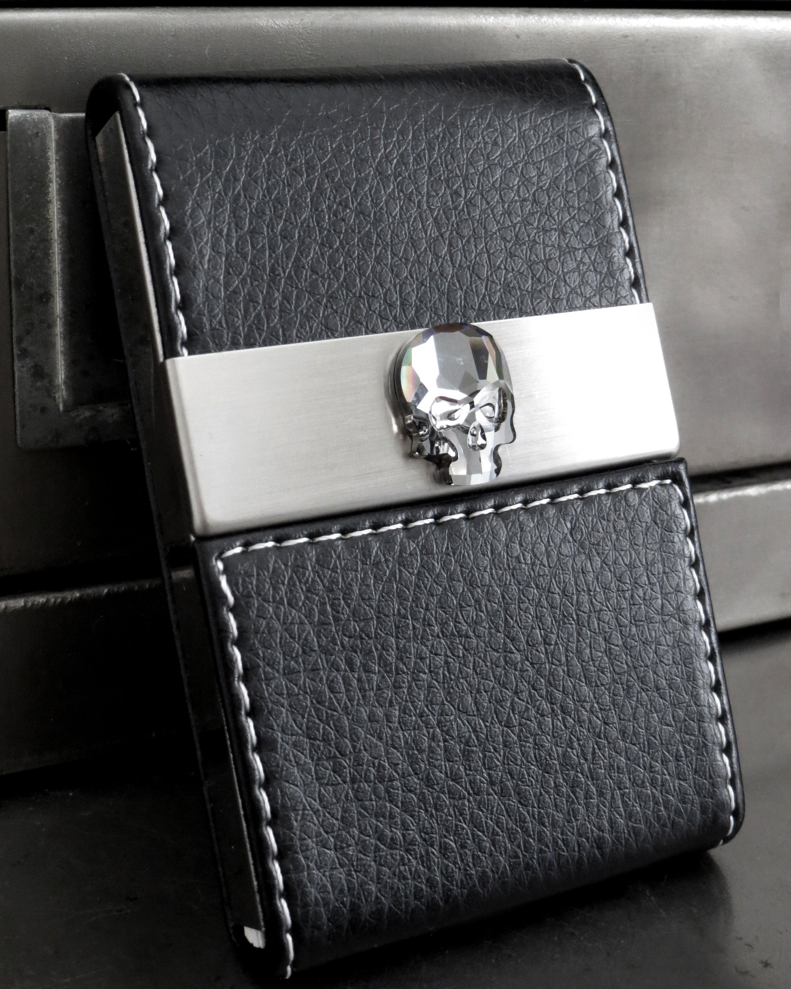 Crystal Skull Business Card Holder - Black Vegan Faux Leather Case