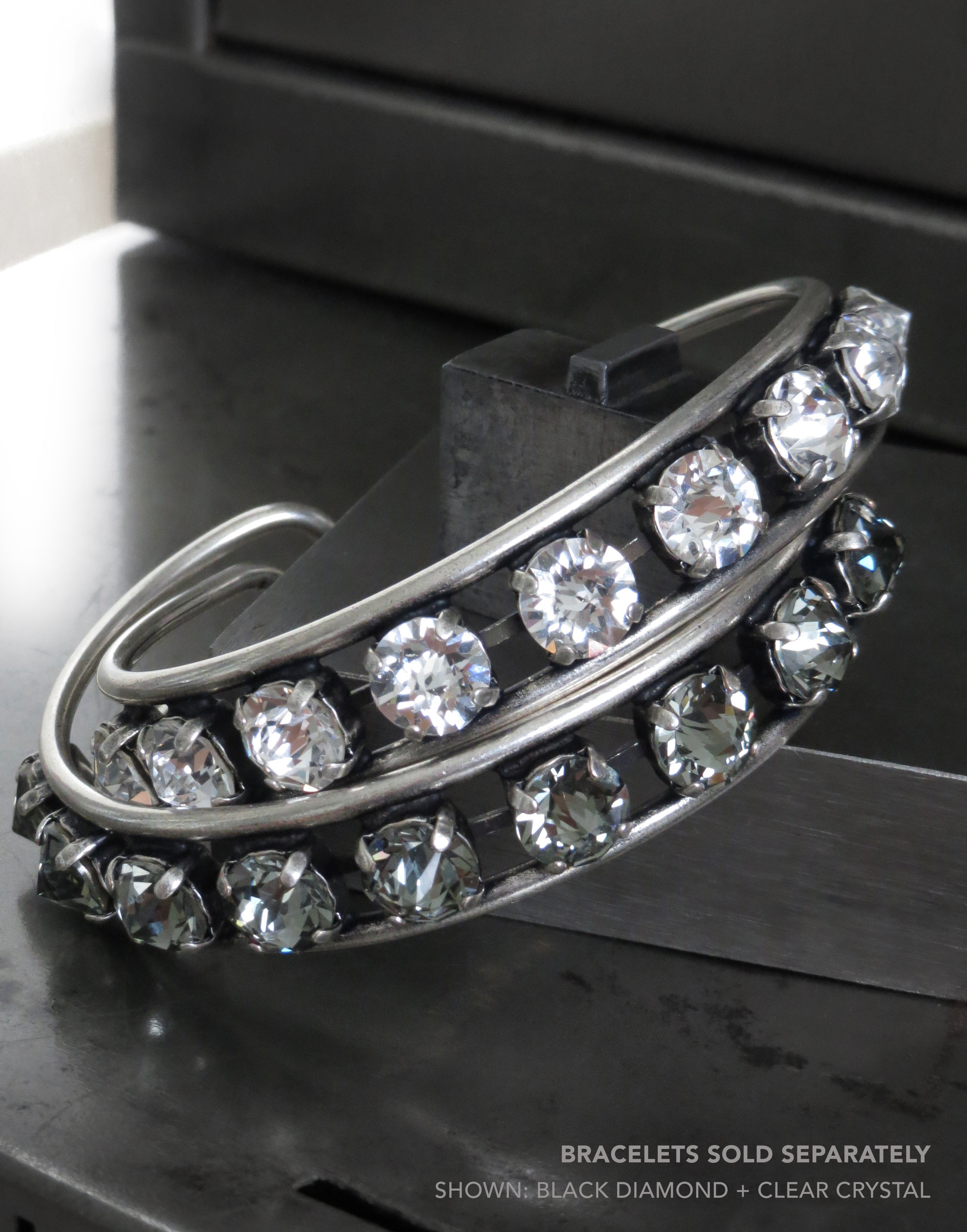 SPLIT PERSONALITY - Rhinestone Bangle Bracelet in Black Diamond or Clear Crystal