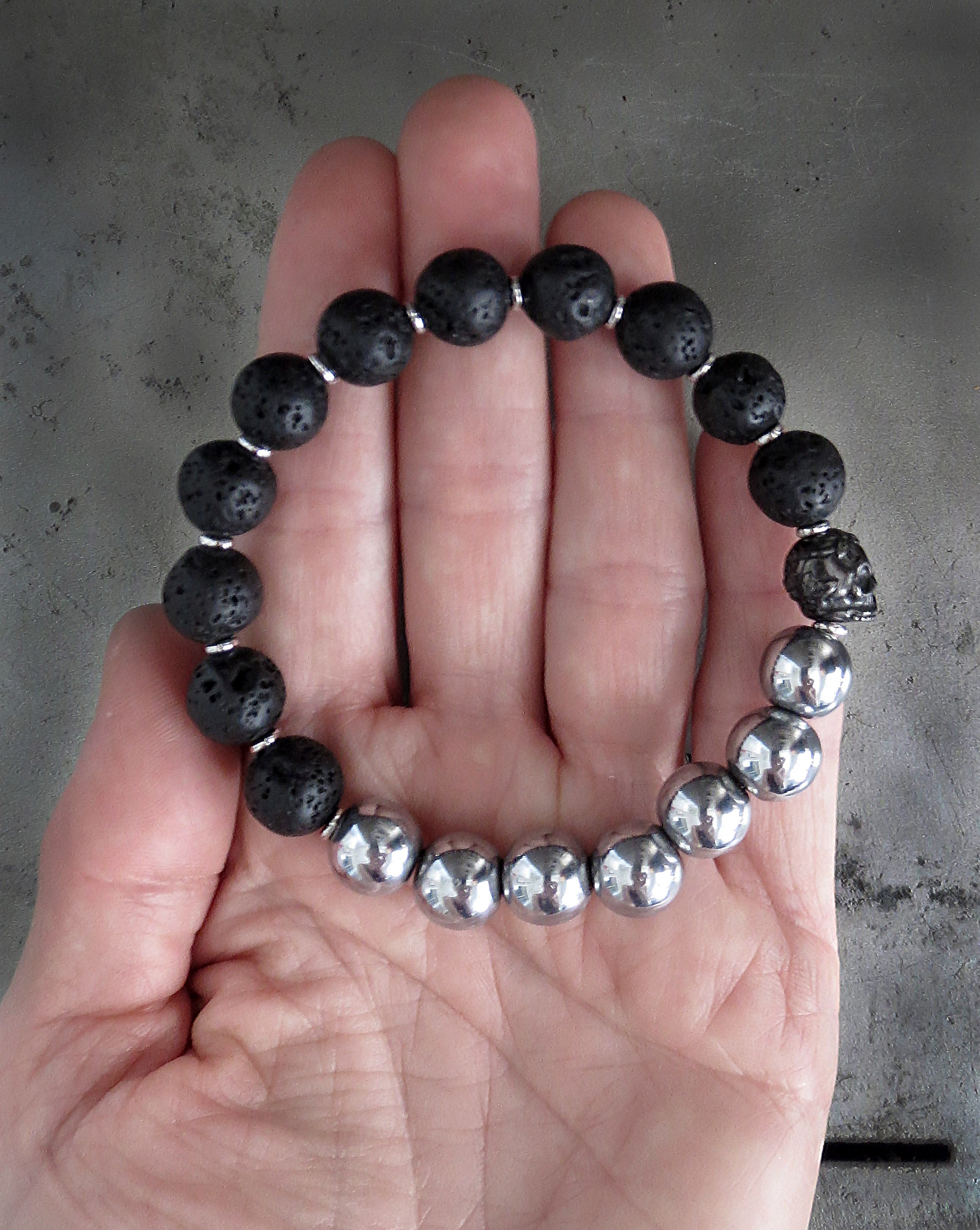 Black Skull Bracelet with Lava and Hematite Color Beads