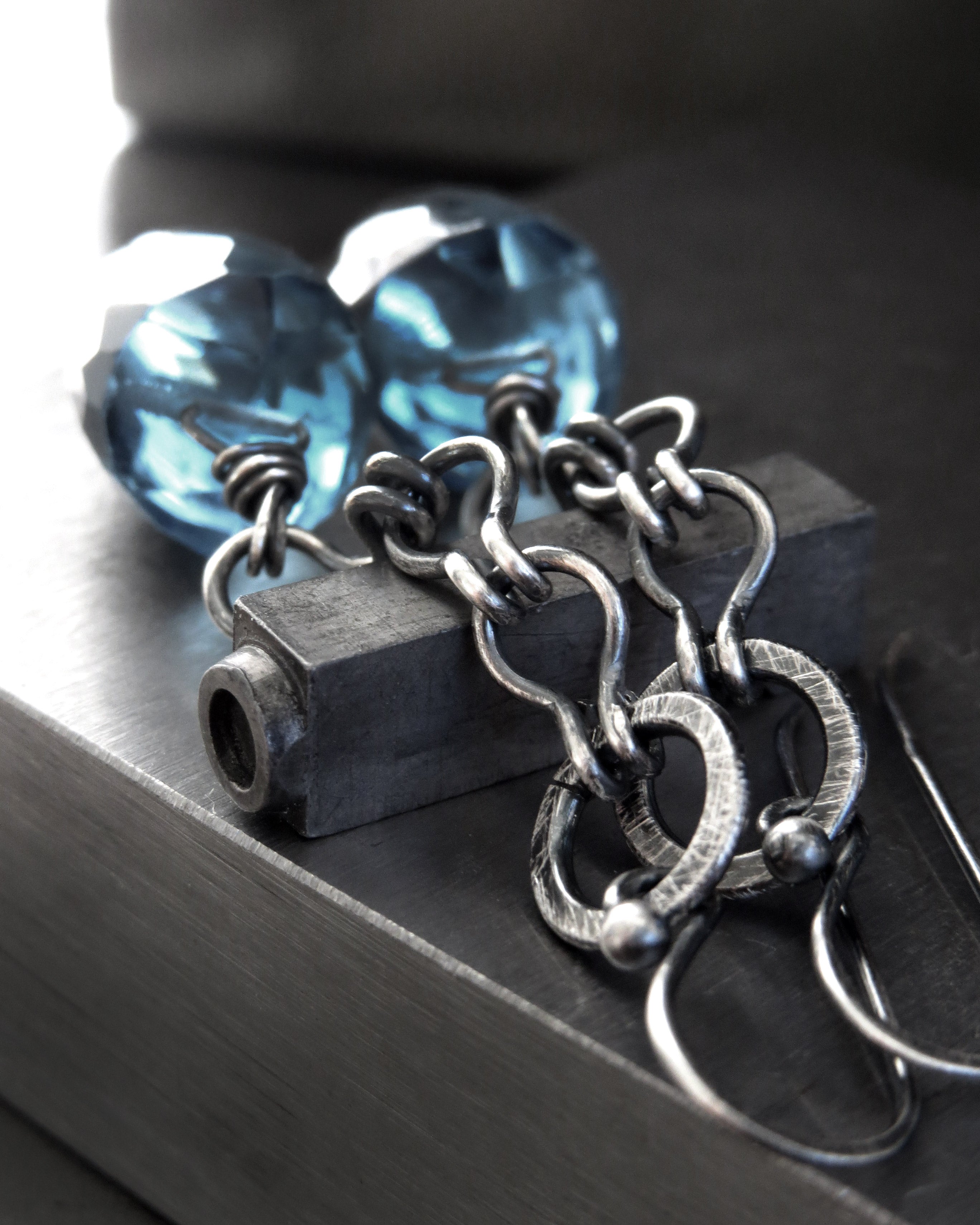LONDON BLUE - Hydro-Quartz Bullet Earrings with Oxidized Sterling Silver