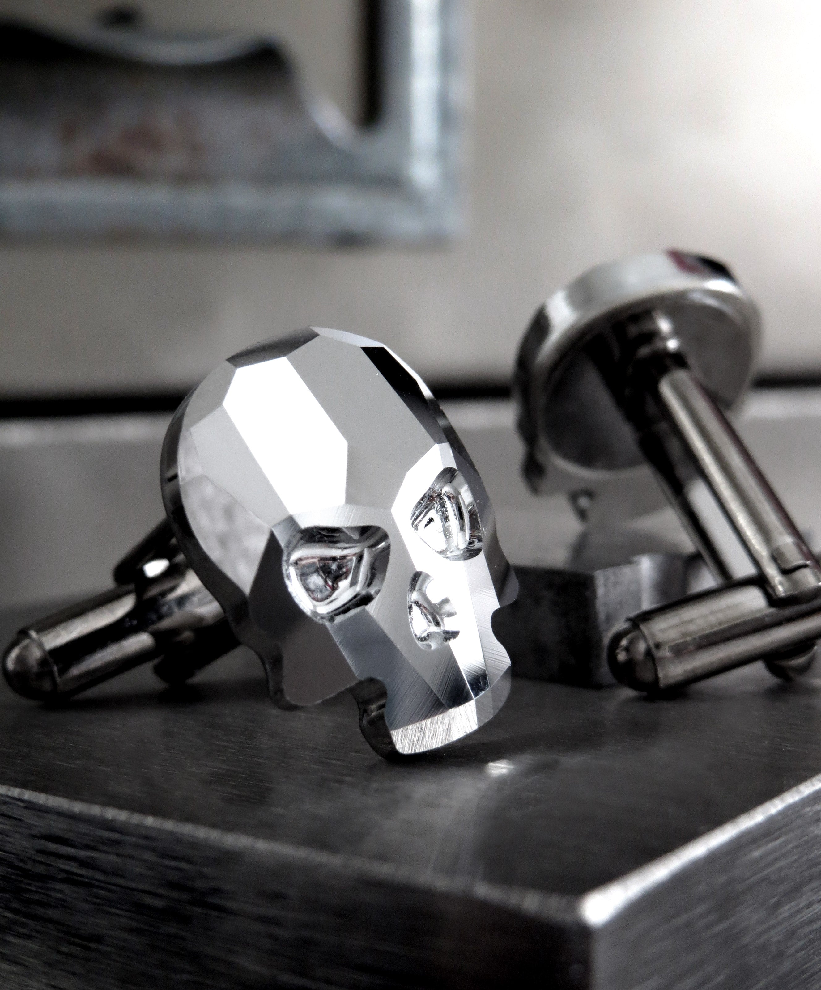 Silver Skull Cufflinks with Metallic Chrome Crystal