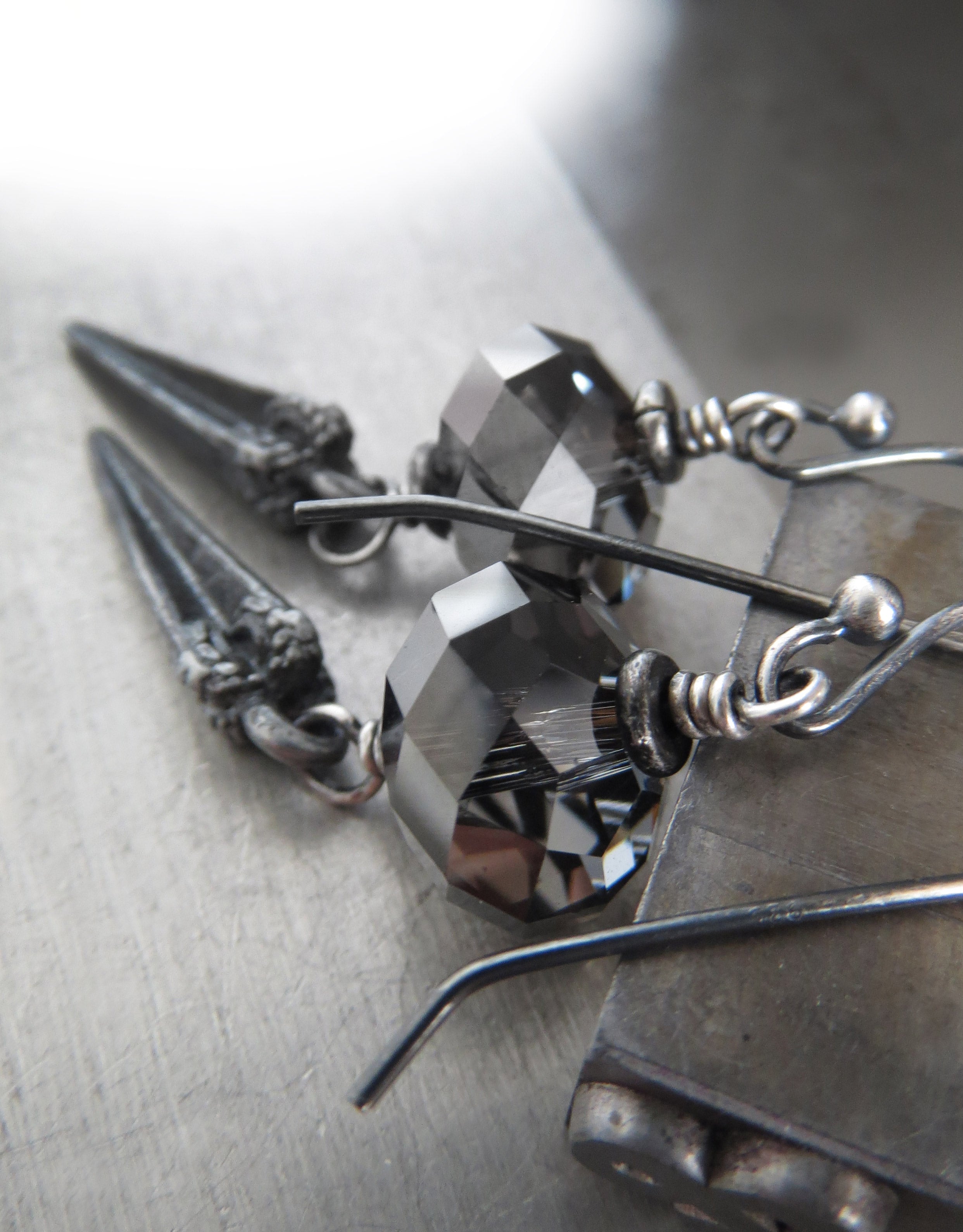 DAGGER - Goth Crystal Earrings with Antique Silver Pointed Spikes