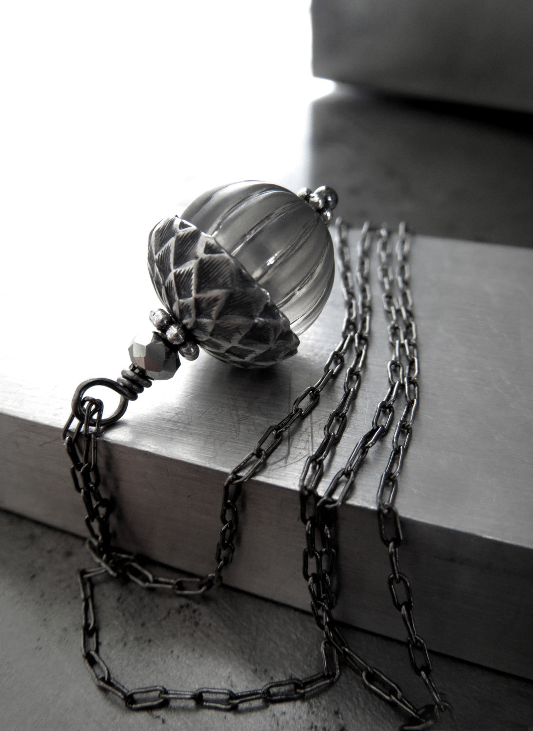 Silver Acorn Necklace with Vintage Gray Pendant