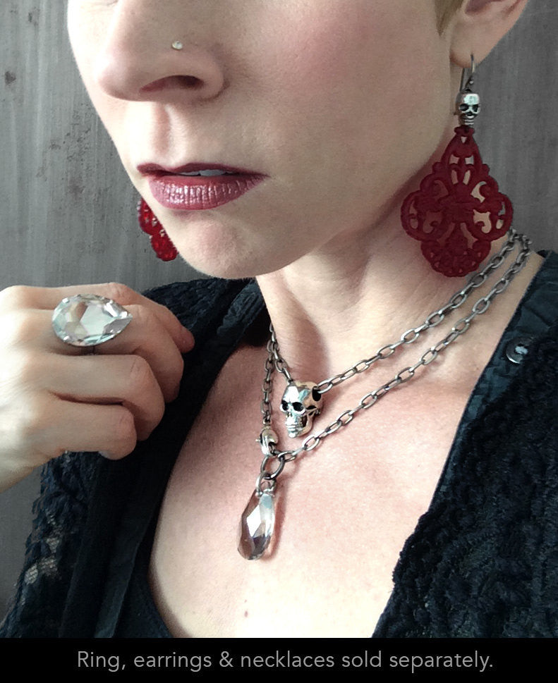 WICKED - Blood Red Chandelier Earrings with Silver Skulls