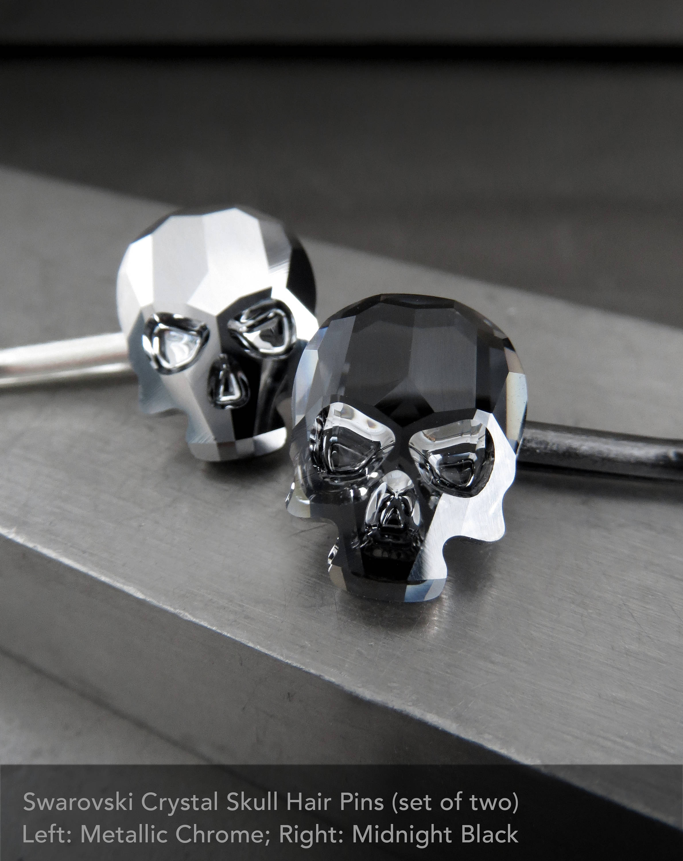 Crystal Skull Bobby Hair Pins - Silver Chrome Color, Set of 2