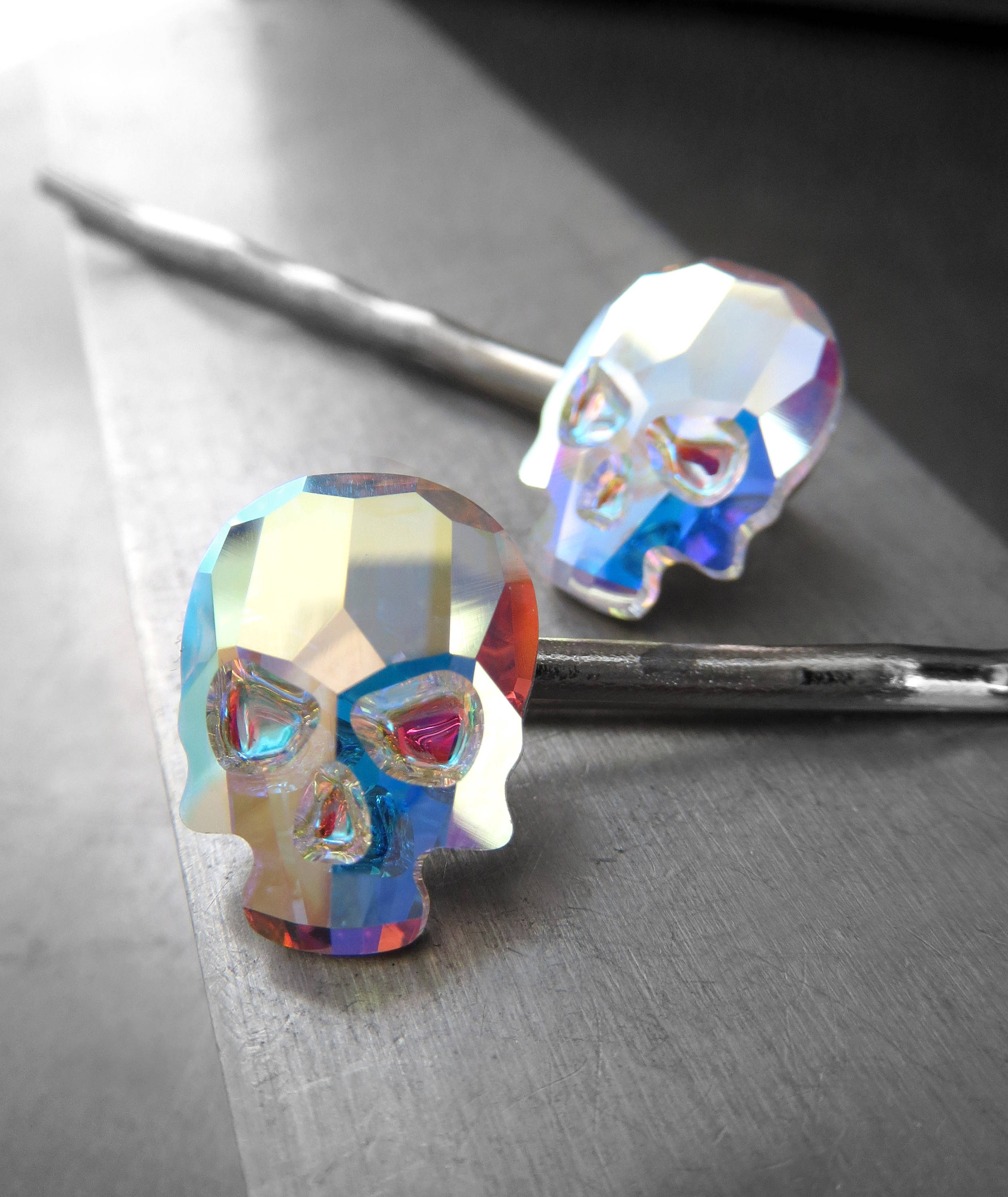 Iridescent Crystal Skull Hair Bobby Pins in Crystal AB - Set of 2