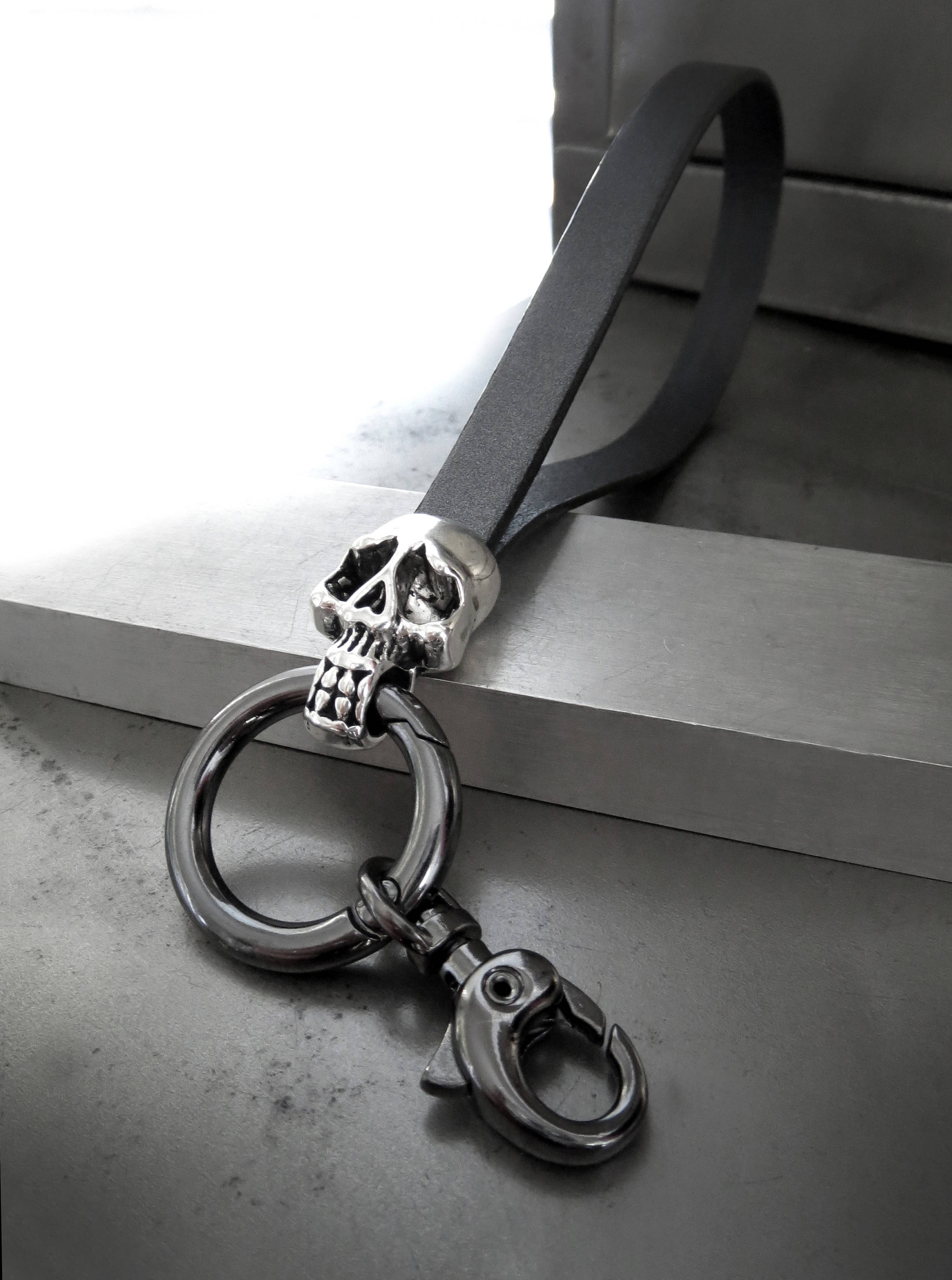 Silver Skull Keyring with Gunmetal Black Leather Wrist Strap