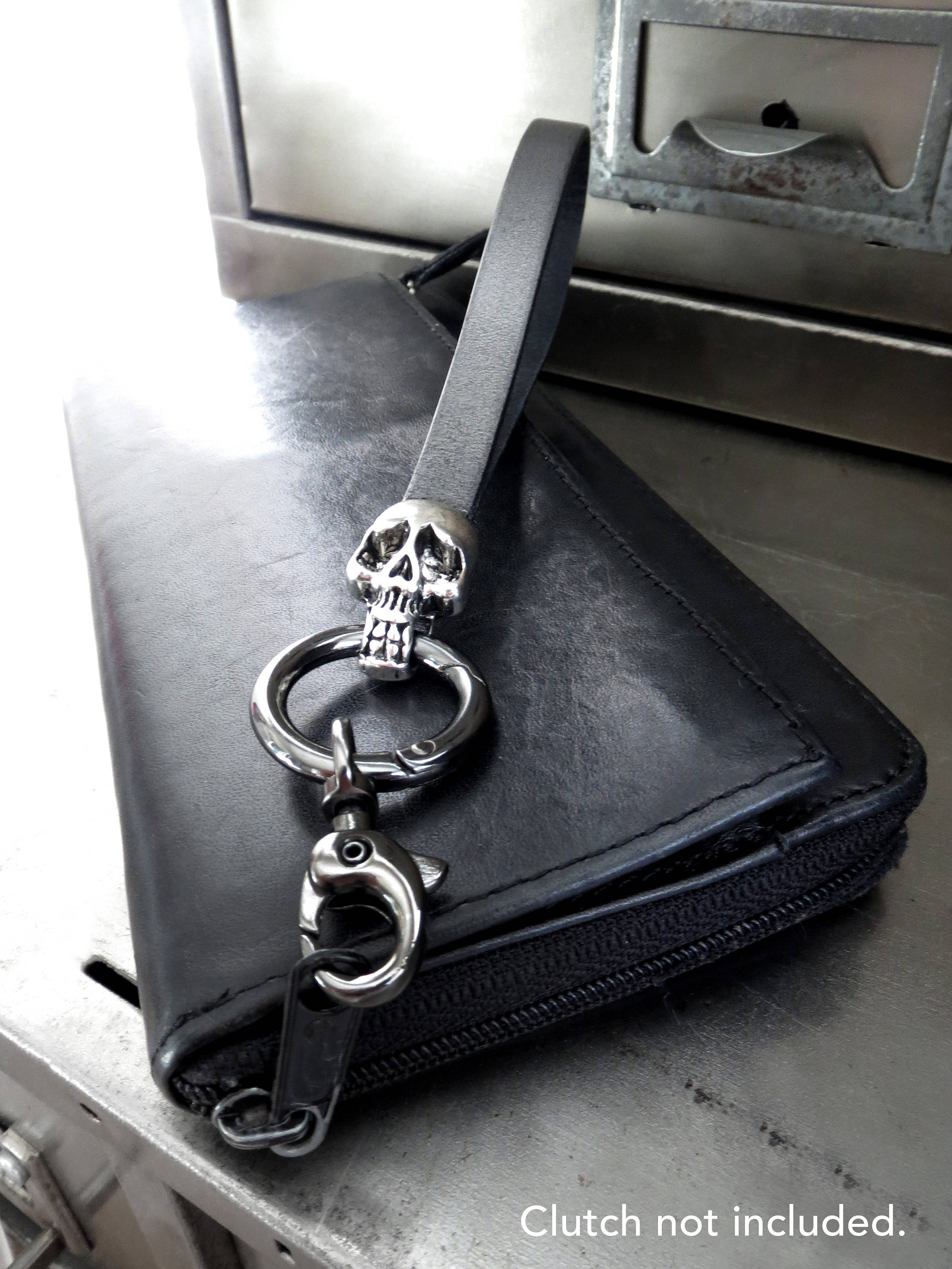Silver Skull Keyring with Gunmetal Black Leather Wrist Strap