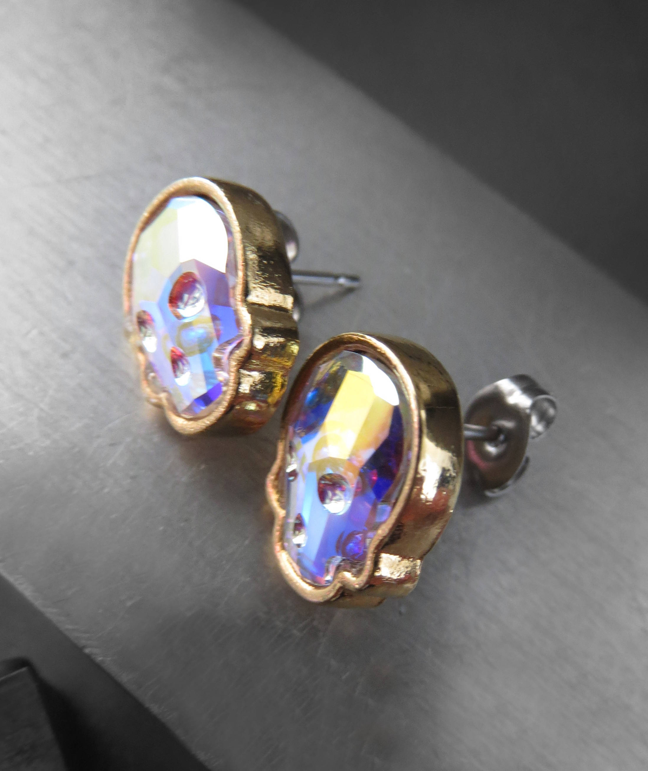 Iridescent Crystal AB Skull Stud Earrings - Gold