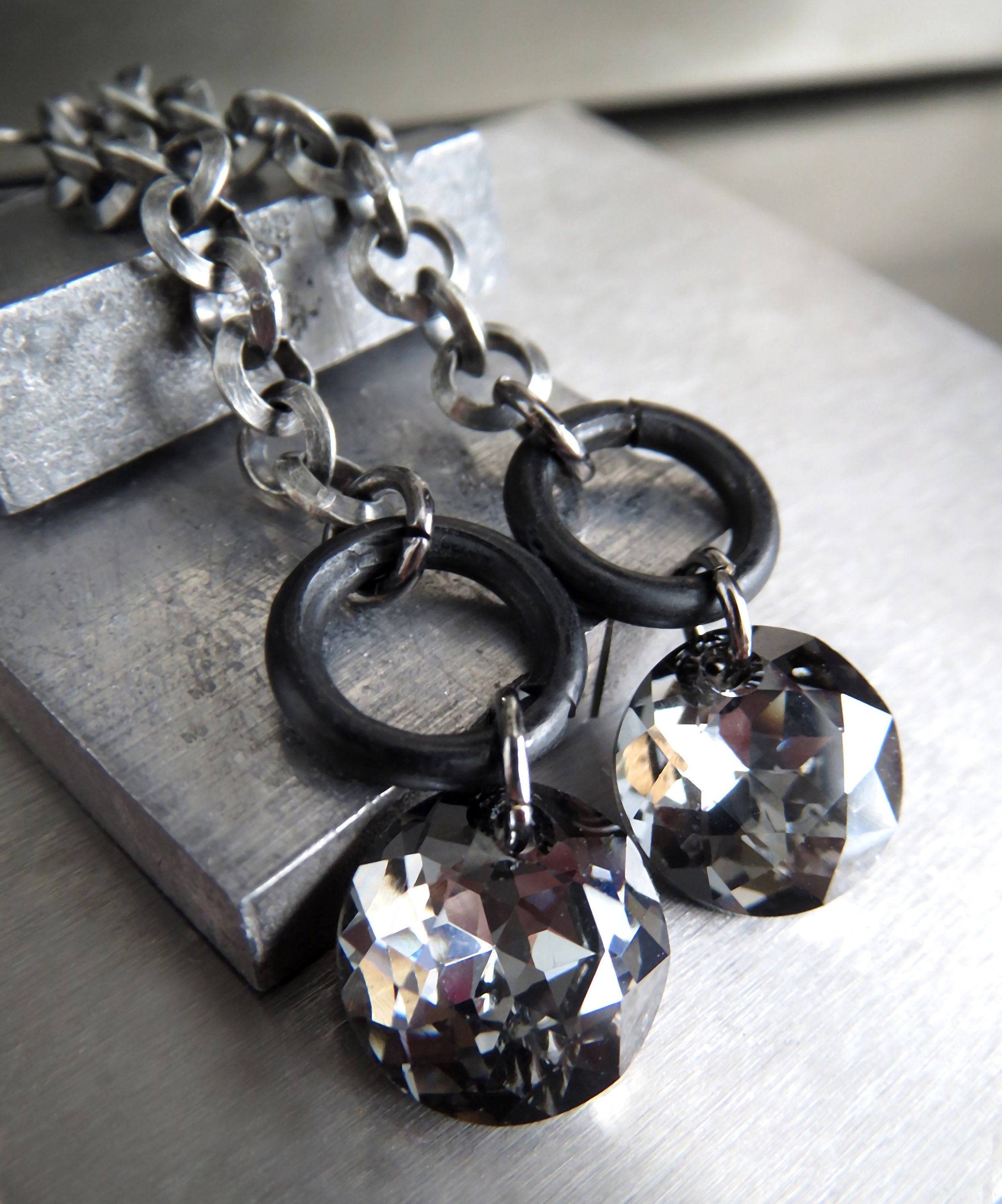 VOID - Long Antiqued Silver Circle Chain Earrings with Round Grey Gray Black Swarovski Crystal - Modern Geometric Industrial Style Jewelry