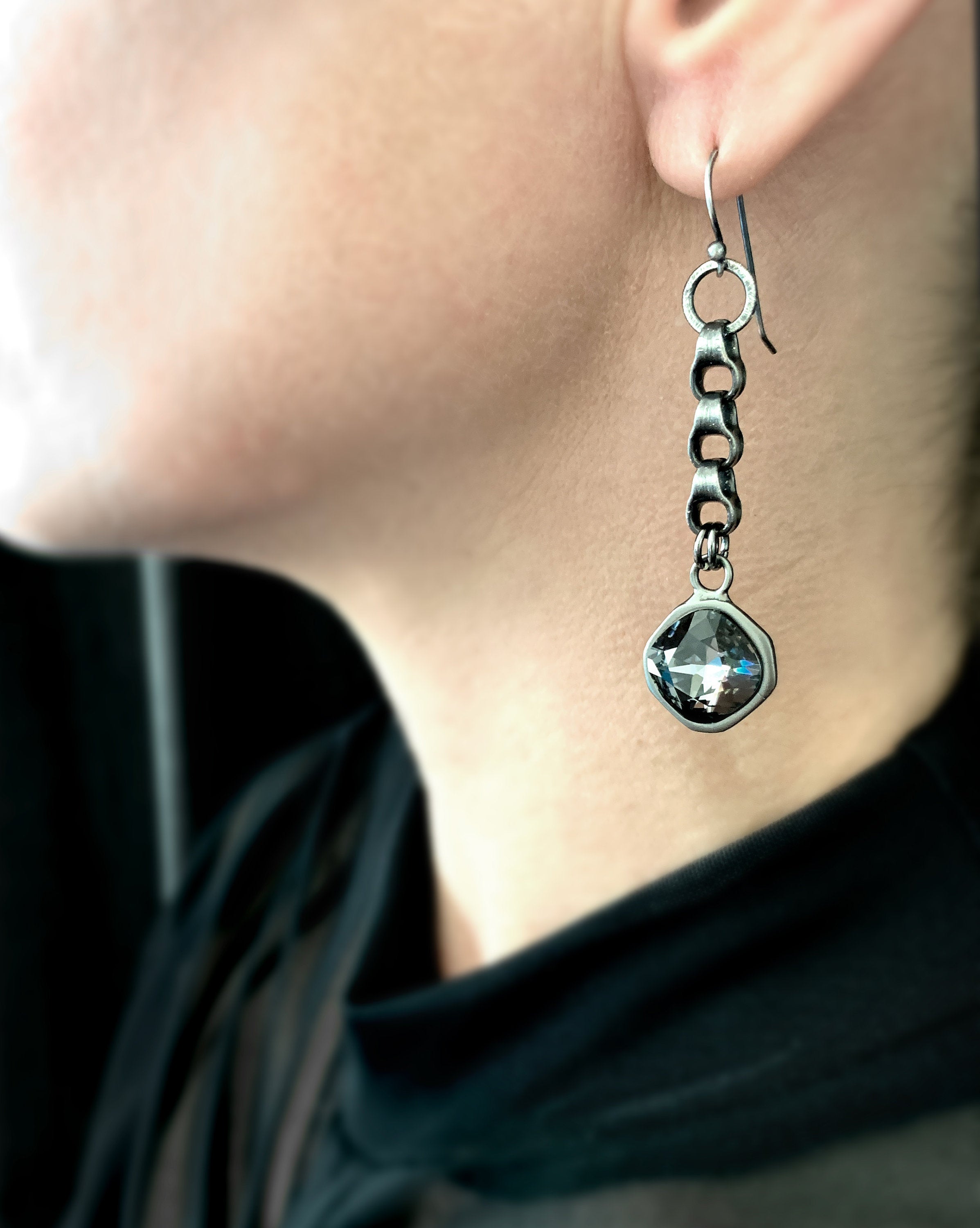 GEAR - Bold Chunky Chain Earrings with Dark Grey Gray Black Swarovski Crystal, Matte Black - Modern Geometric Industrial Style Jewelry