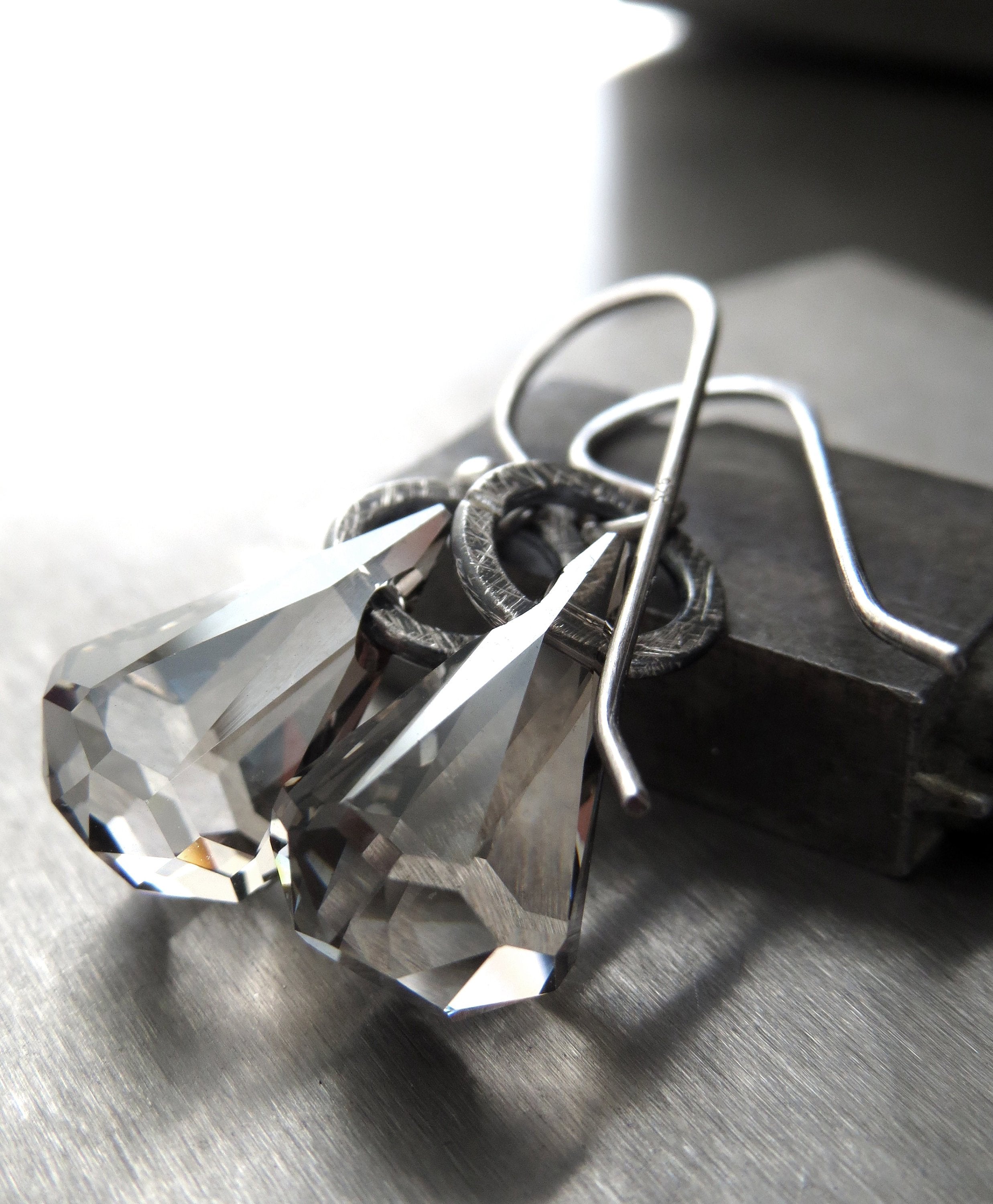 STRIKE - Small Earrings with Sheer Grey Swarovski Crystals, Oxidized Sterling Silver - Geometric Minimalist Modern Sterling Silver Jewelry