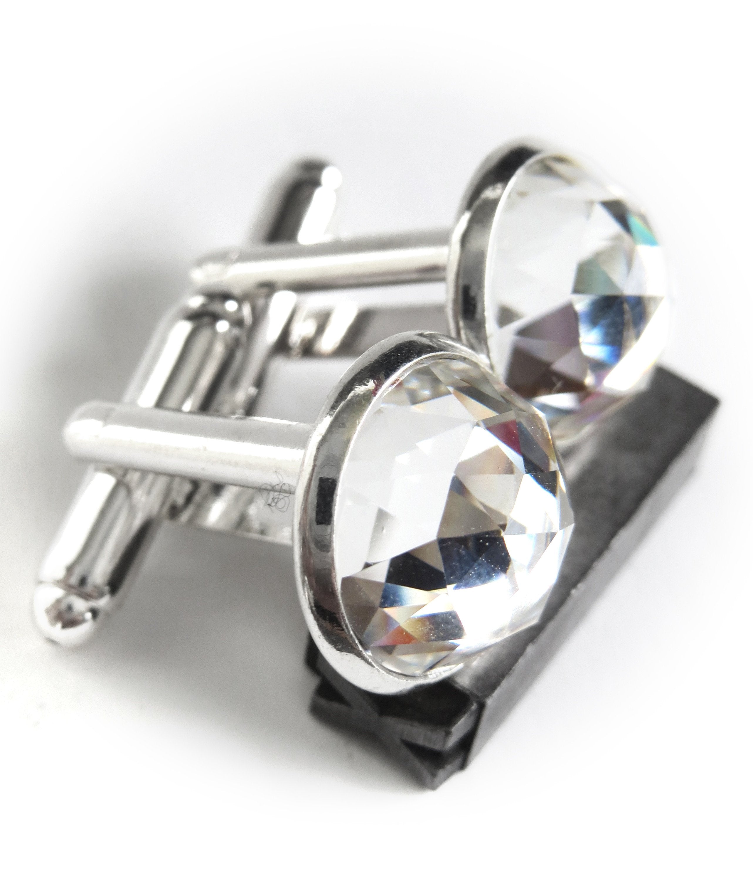 Mens Formal Cuff Links with Clear Swarovski Crystal - Domed Round Silver Plated Wedding Cufflinks for Groom, Groomsmen, Husband, Fathers Day