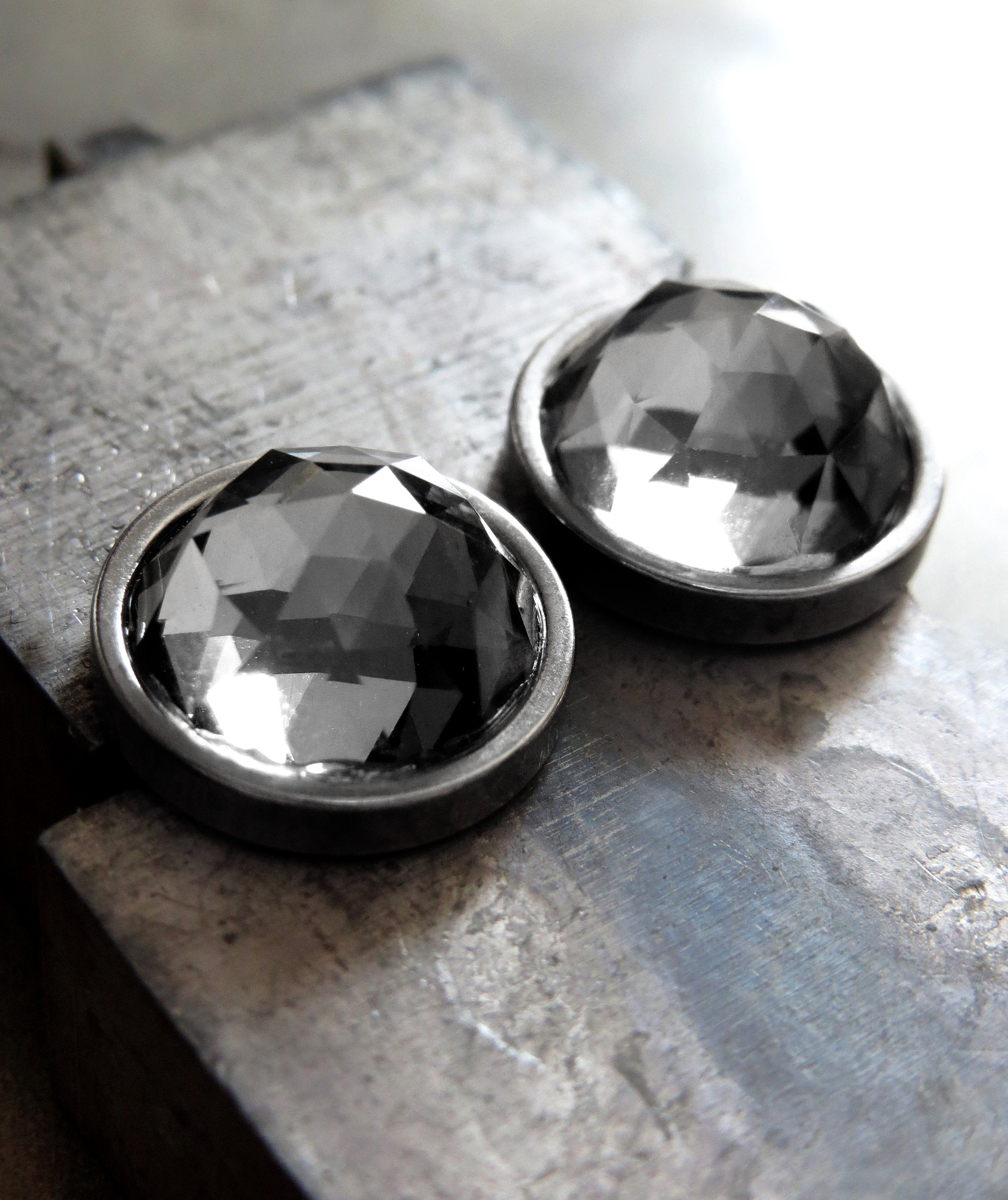 Extra Large Modern Stud Earrings with Round Black Night Faceted Swarovski Crystal, Stainless Steel Bezels, Unisex Women Mens Post Earrings