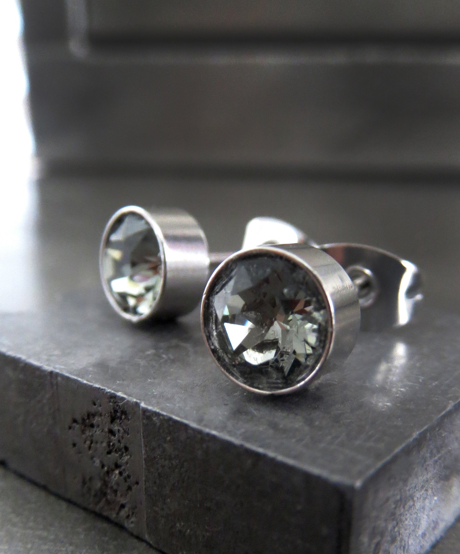 Small Grey Stud Earrings with Black Diamond Swarovski Crystal Rhinestones, Mens Unisex Post Studs, Modern Minimalist Silver Jewelry