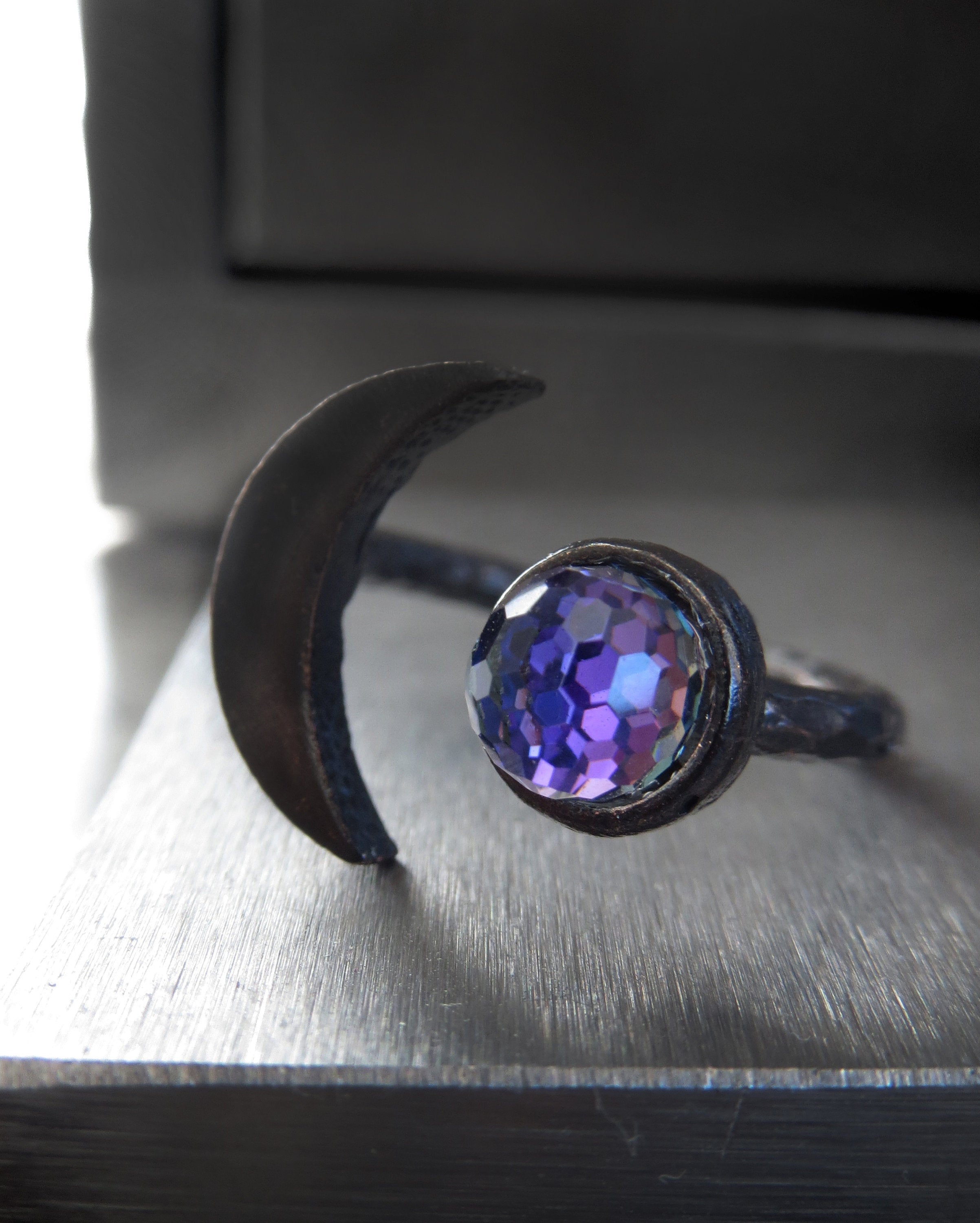 CELESTIAL - Black Cresent Moon Ring with Purple Vintage Swarovski Crystal - Mystical Gift for Teen Girl, Teenager, Women - Moon Jewelry
