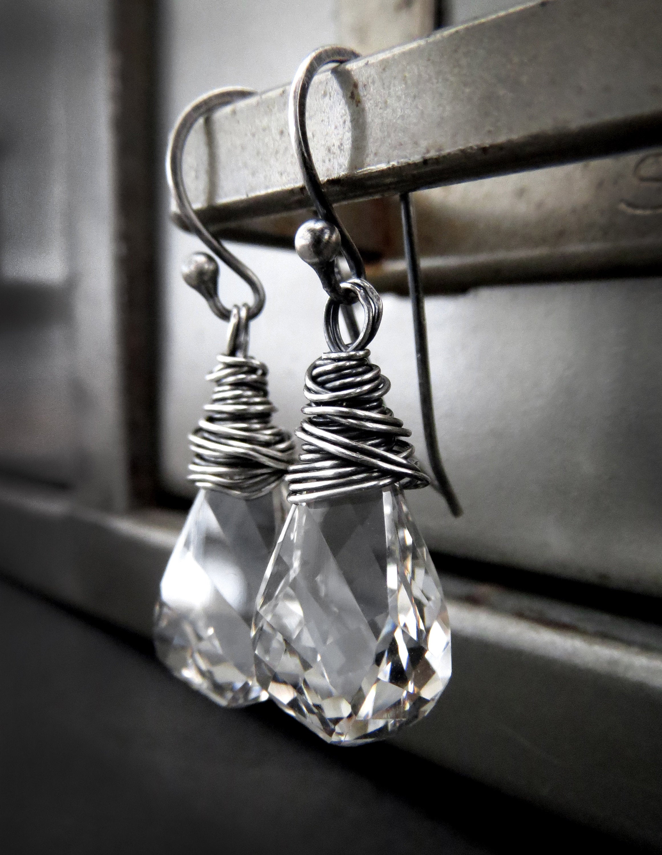 HELIX - Sterling Silver Wrapped Earrings with Spiral-Faceted Crystal