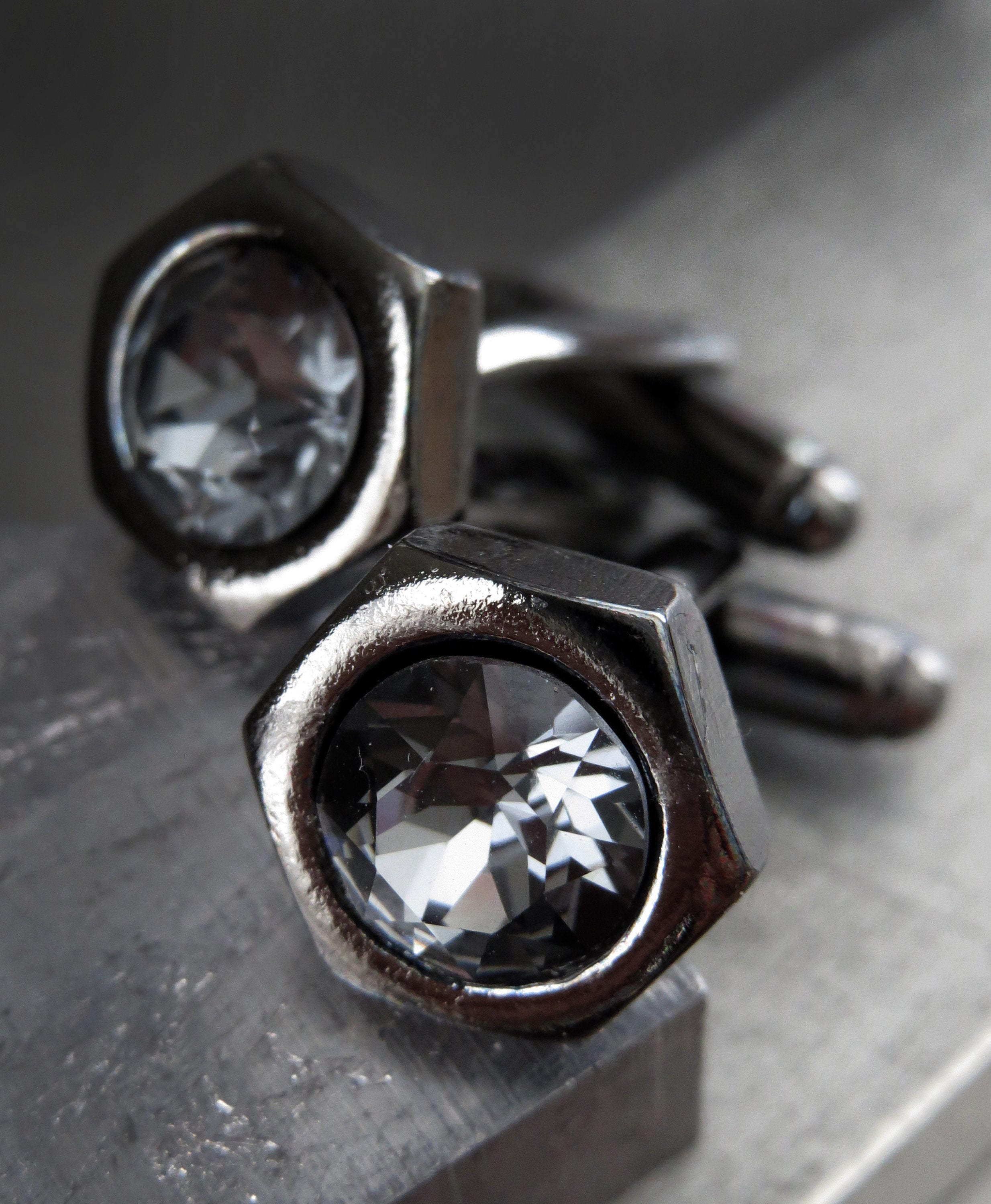 Black Hex Nut Cuff Links with Black Crystal
