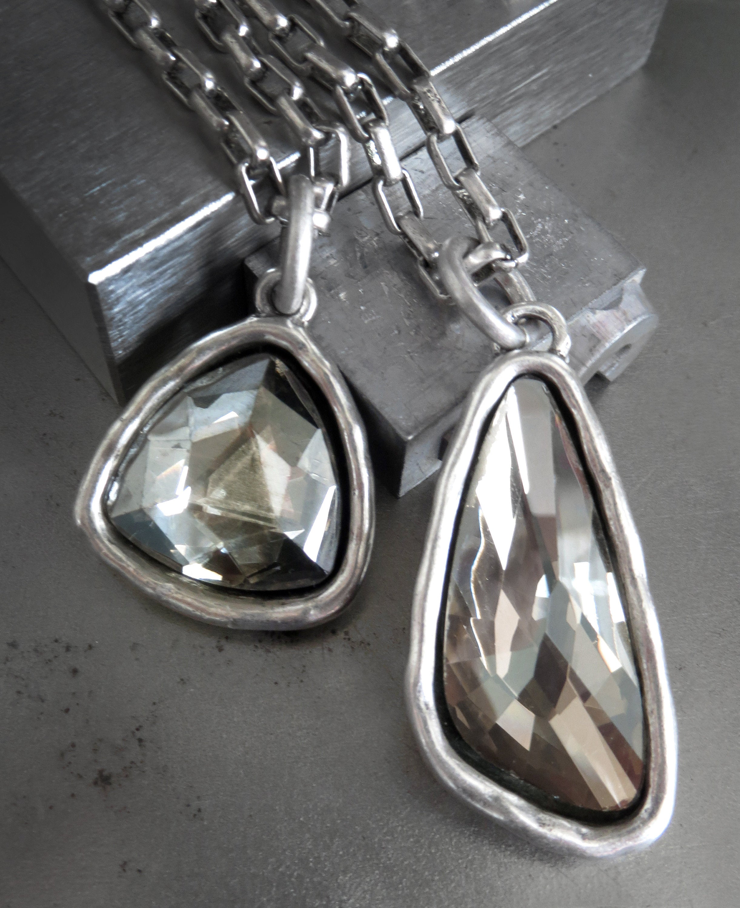 SILVER SMOKE - Faceted Glass Triangle or Wing Pendant Necklace