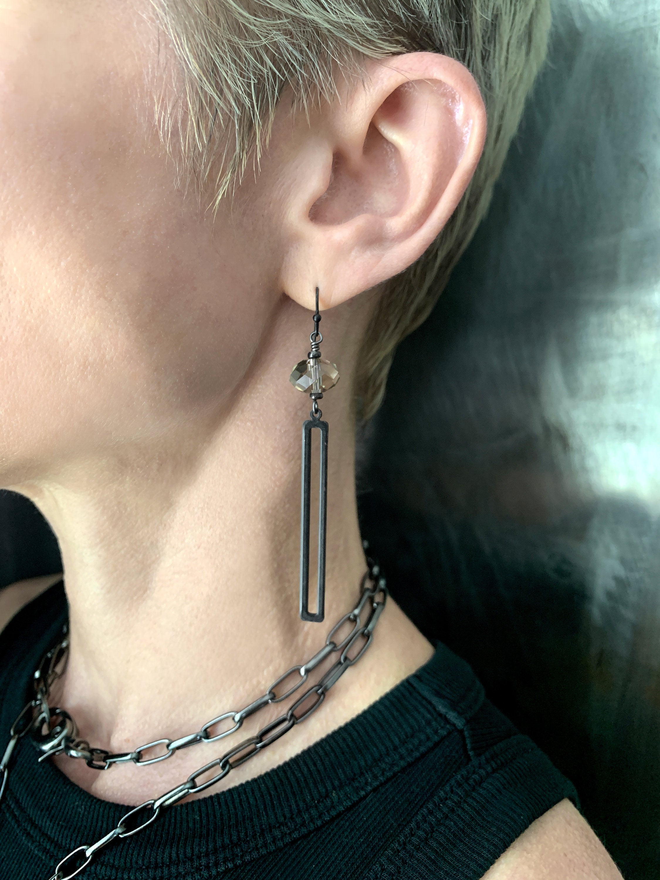 TECTONIC - Long Sleek Black Rectangle Earrings