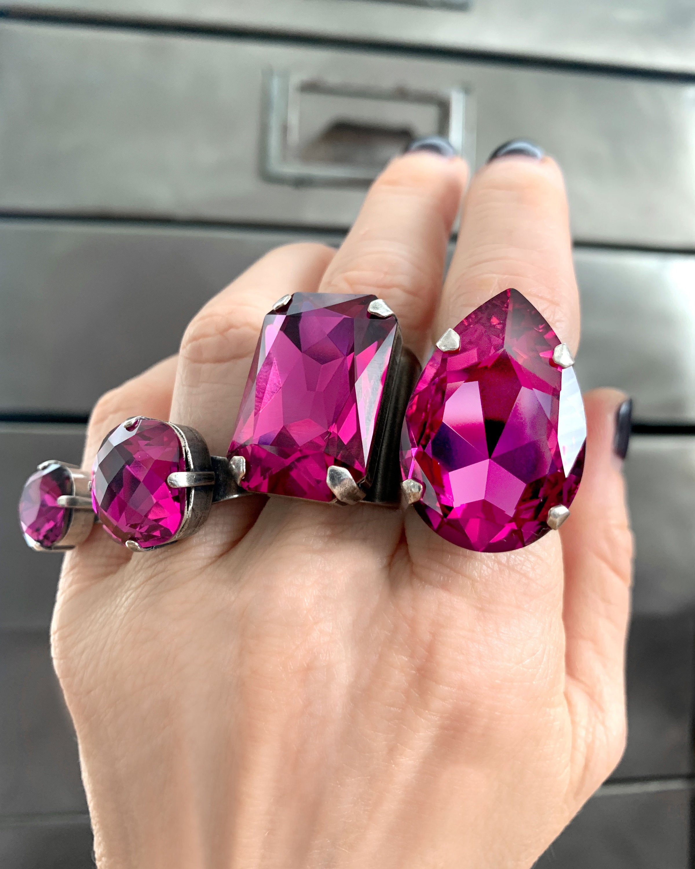 SWEET - Magenta Swarovski Crystal Ring, Fuchsia Cushion Cut Crystal, Antique Silver Adjustable Ring Band - Hot Pink Crystal Ring - Swar 4470