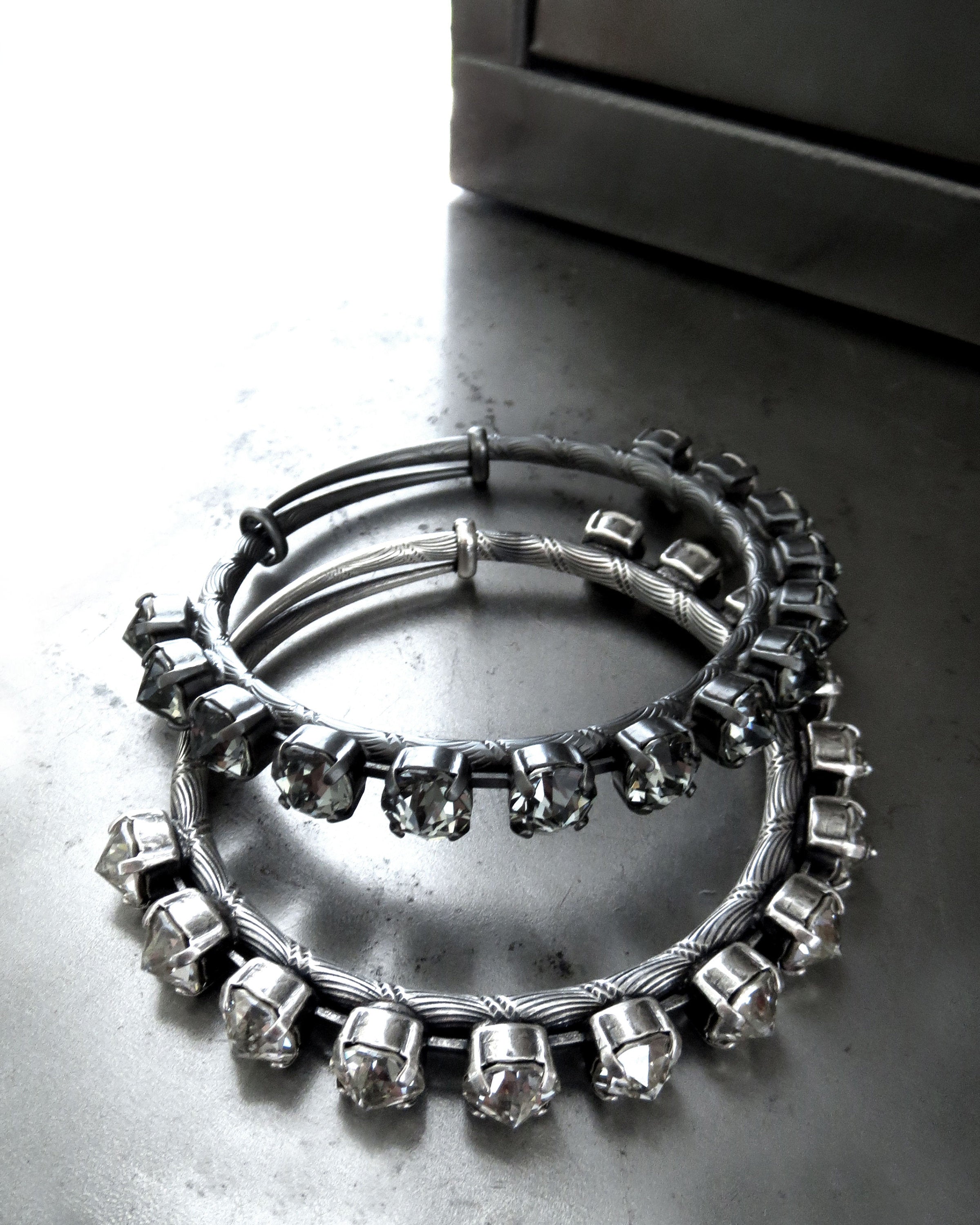 BOMBSHELL - Crystal Bangle Bracelet - Swarovski Crystal in Black Diamond or Warm Silver Shade - Adjustable Bangle - Modern Crystal Jewelry