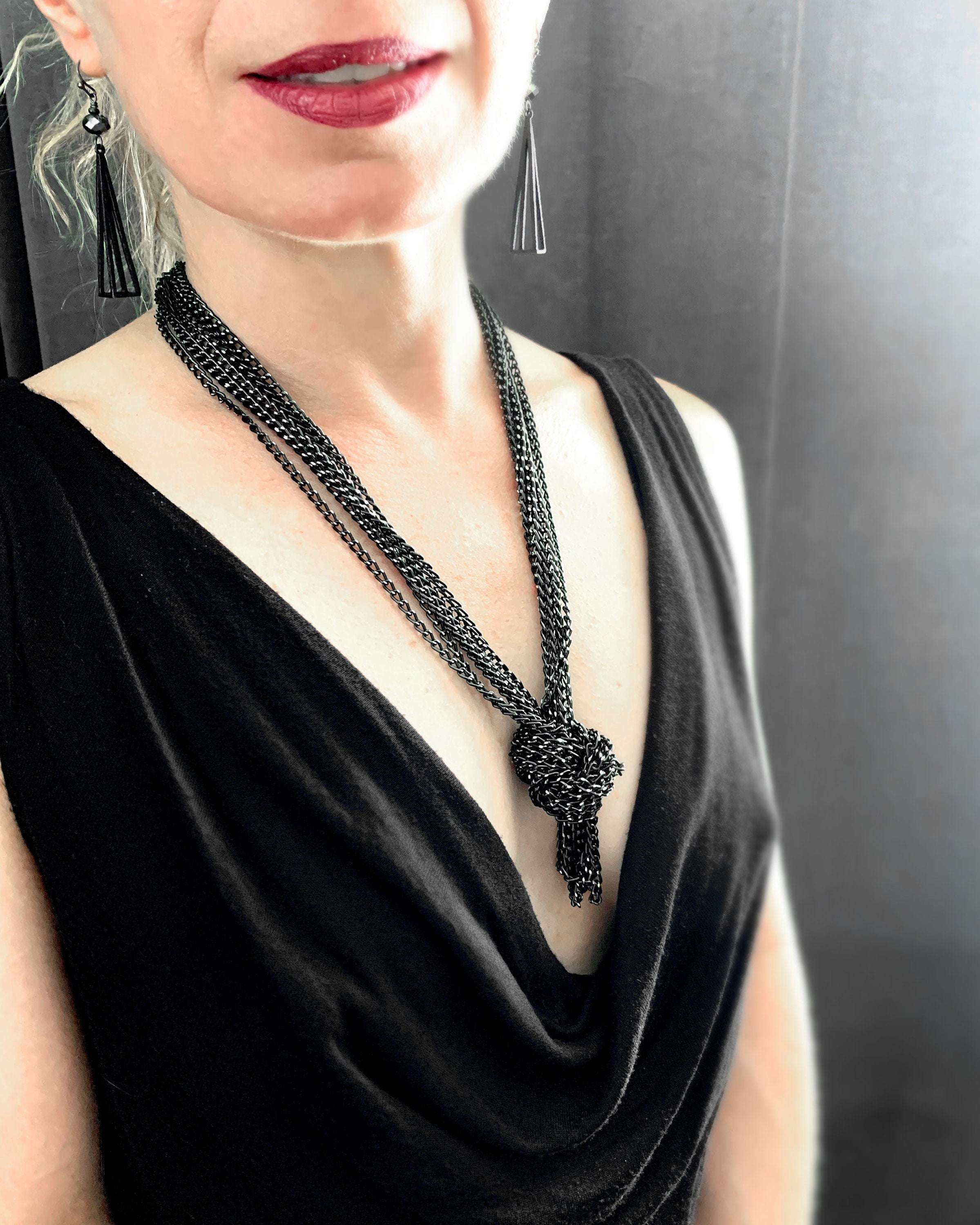 Long 7-Strand Black and Silver Chain Necklace w Geometric Circles - Convertible Design: Wear Long, Doubled, Tied or as Wrap Chain Bracelet