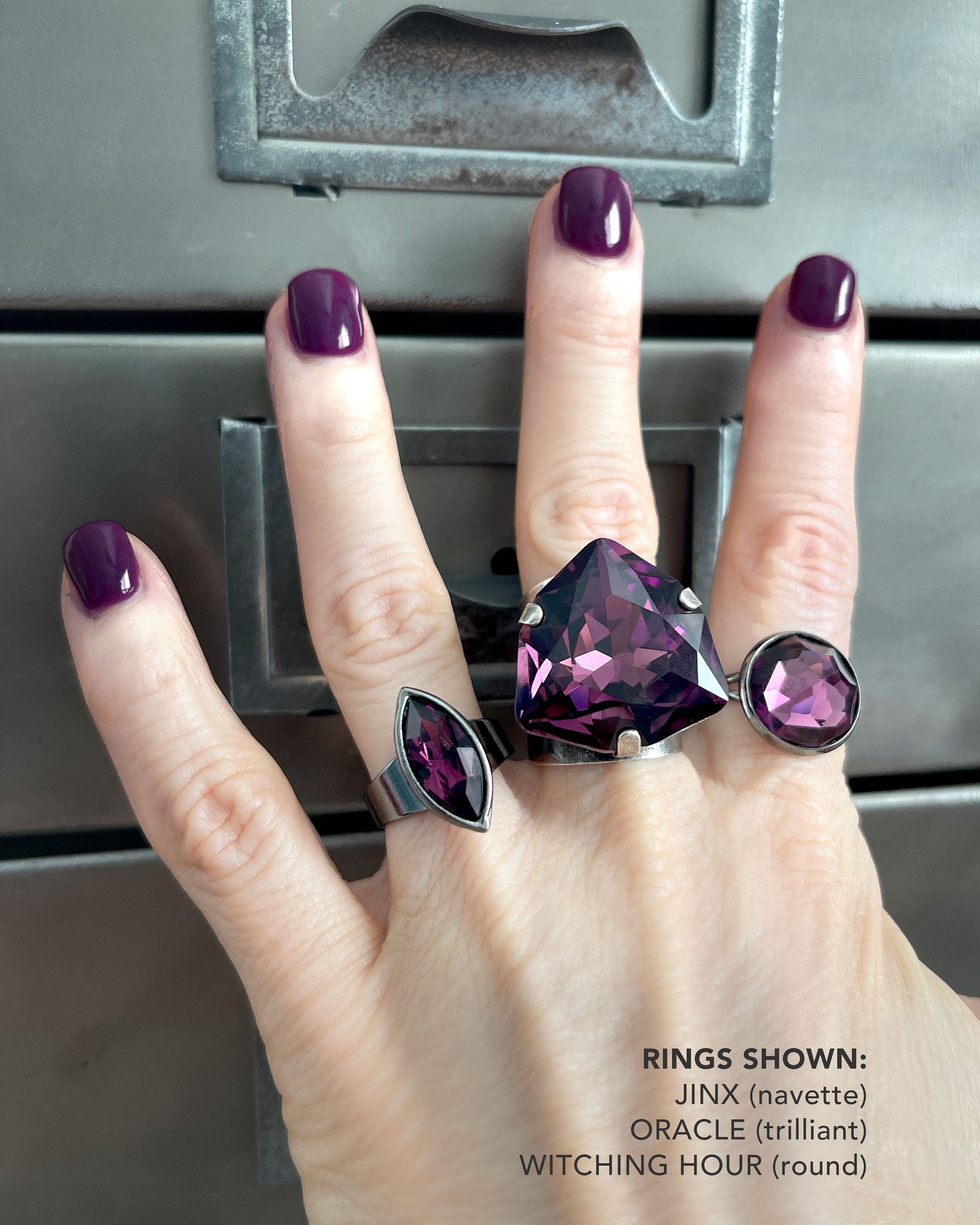 ORACLE - Large Purple Crystal Ring, Stunning Rare Trilliant 'Amethyst' Crystal - Wide Cuff Band, Adjustable Ring - Wicked Halloween Ring