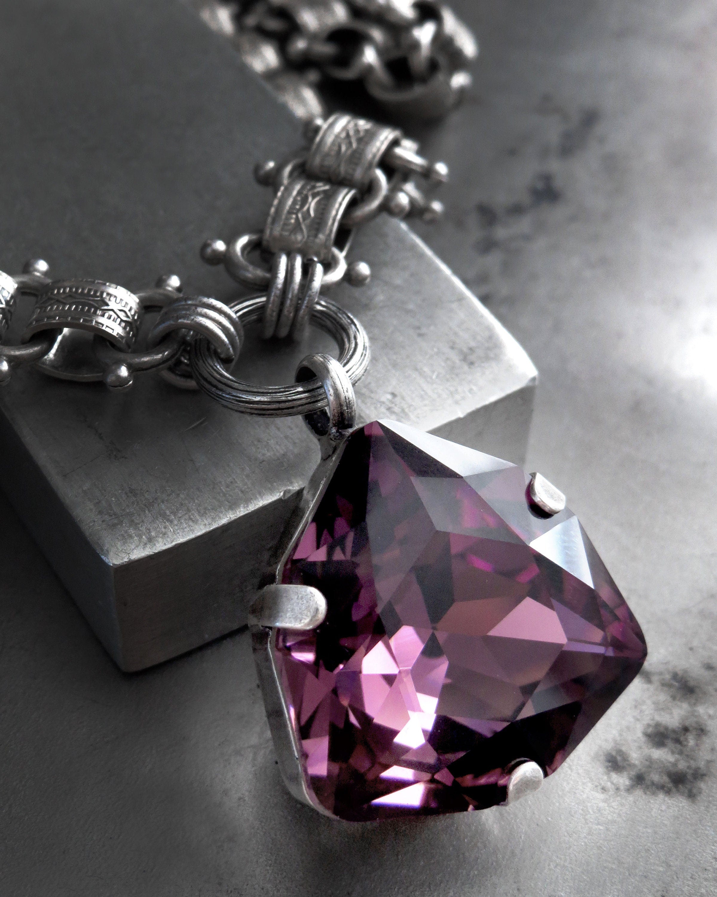 ORACLE - Purple Crystal Pendant Necklace, Rare Trilliant 'Amethyst' Crystal - Vintage Style Medieval Chain, Purple Halloween Wedding Jewelry