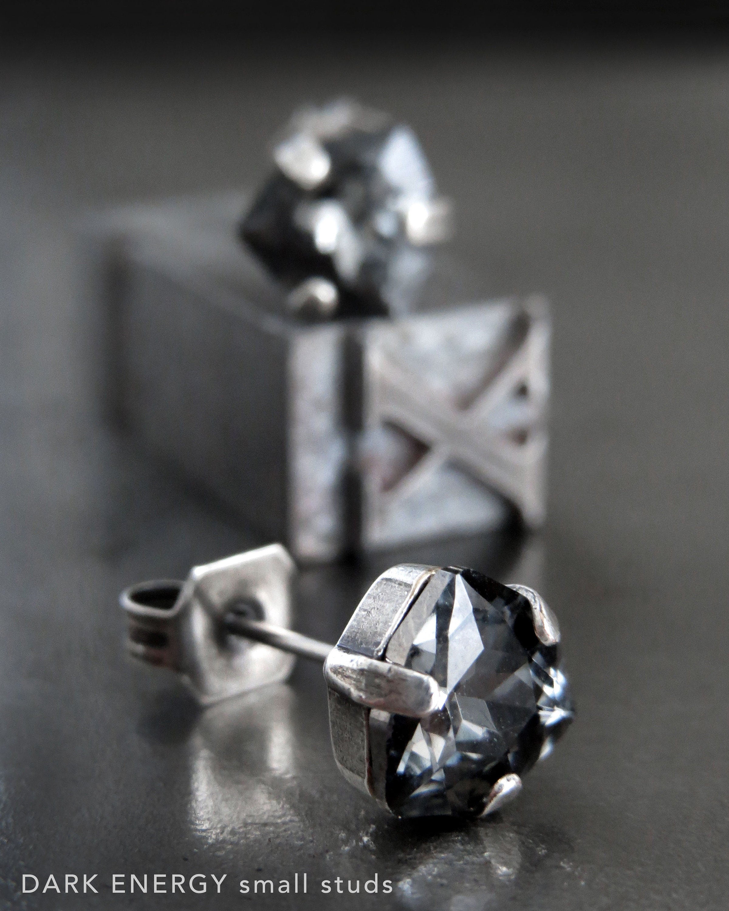 DARK ENERGY - Large Black Trilliant Crystal Stud Earrings, Dark Carbon Grey Triangle Crystal Post Studs, 2 Size Options: Large Small Studs
