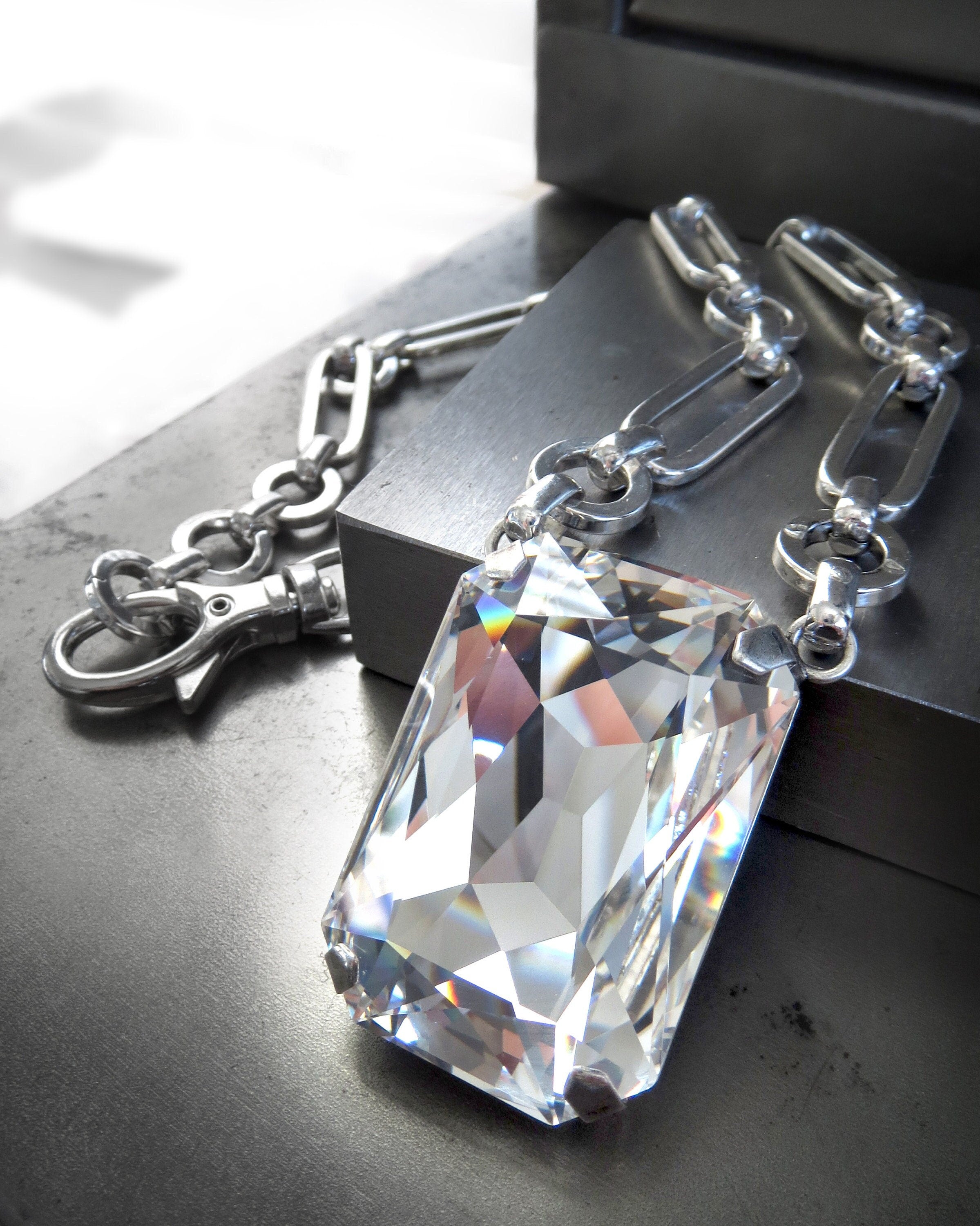 CLAIRVOYANT - Dazzling Clear Crystal Pendant Necklace with Brilliantly Sparkly Rectangle Crystal - Drag Queen Ring, Burlesque Showgirl Ring