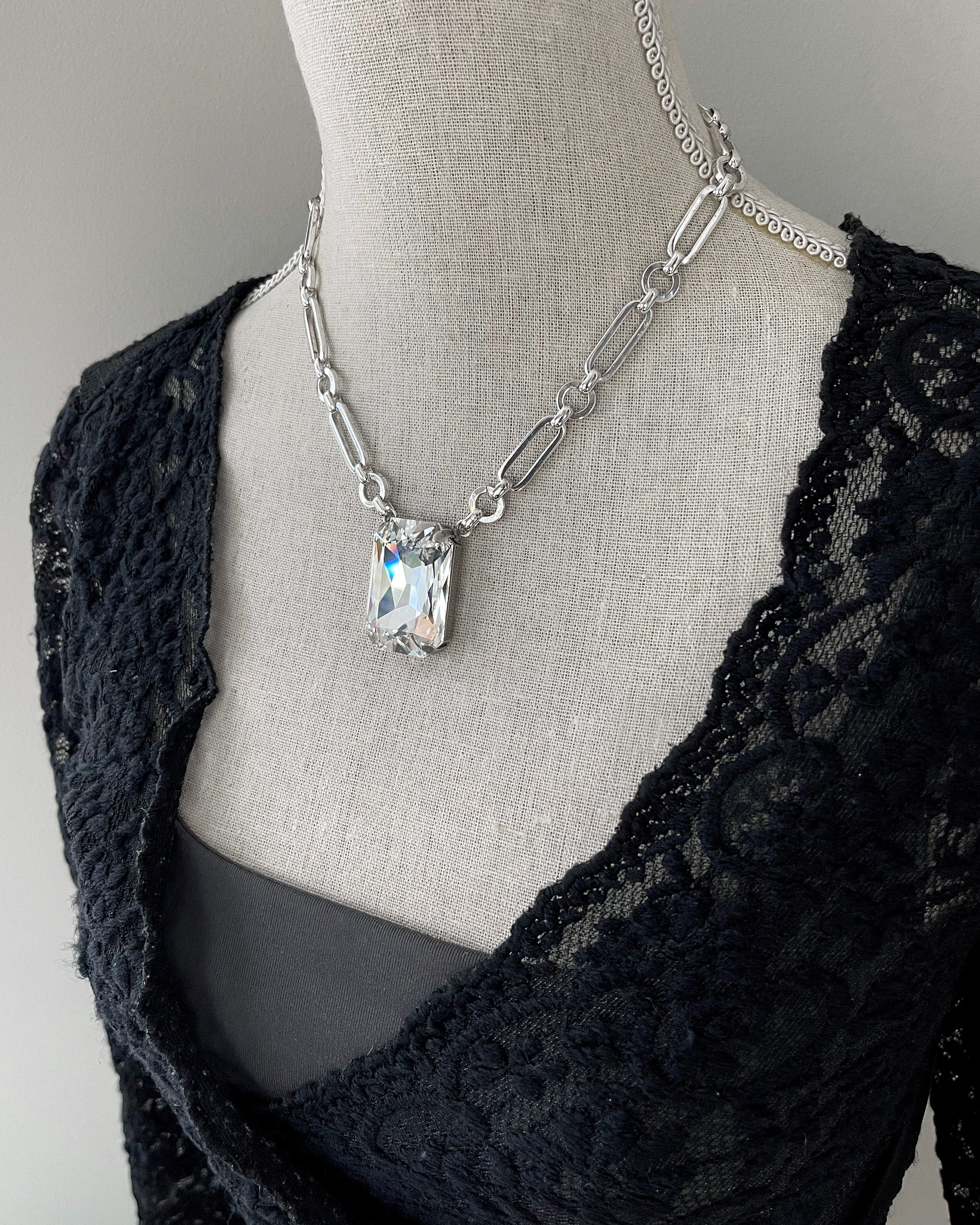 CLAIRVOYANT - Dazzling Clear Crystal Pendant Necklace with Brilliantly Sparkly Rectangle Crystal - Drag Queen Ring, Burlesque Showgirl Ring