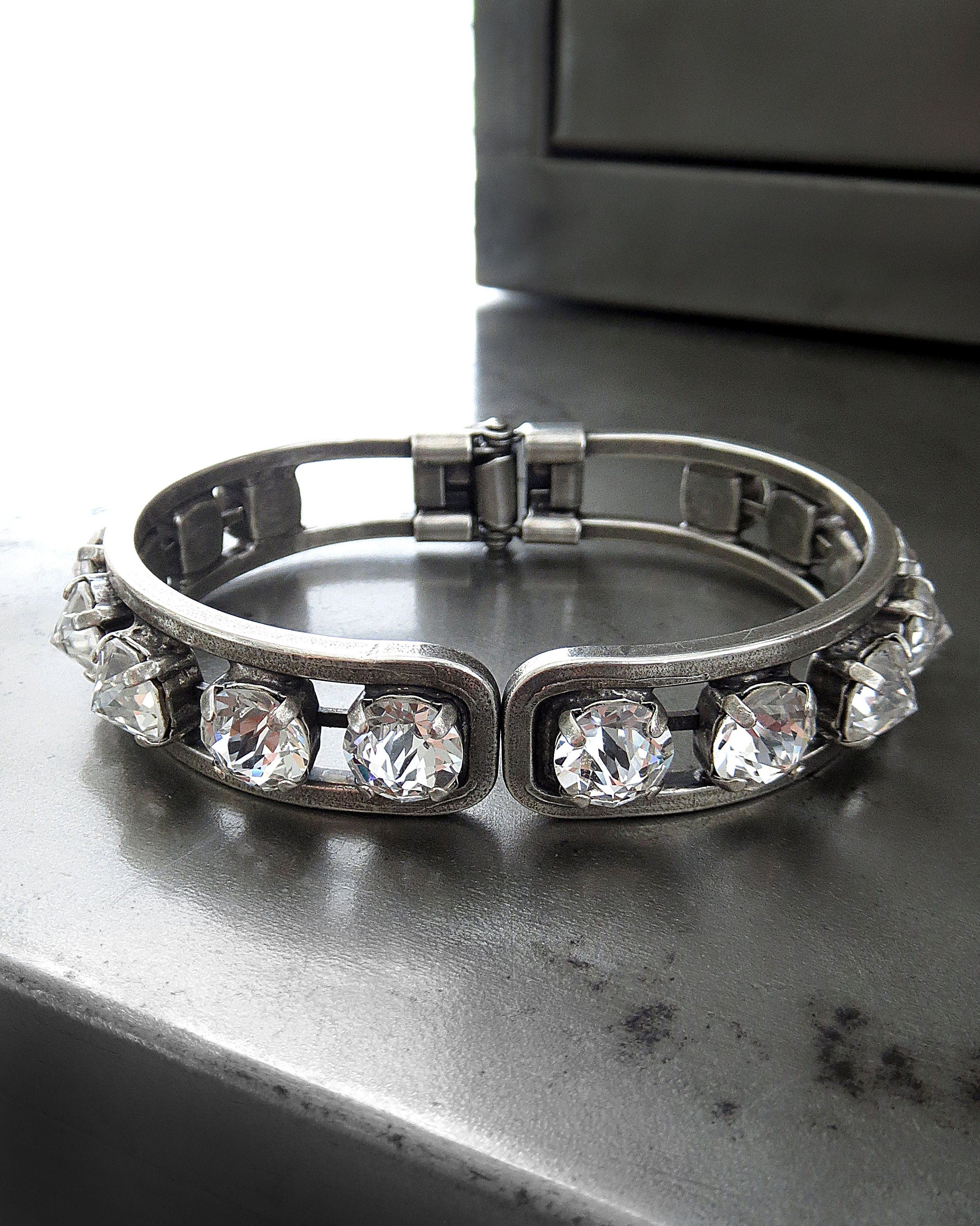 LEGENDARY Crystal Bracelet in Clear Crystal or Black Diamond - Rhinestone Crystal Bangle Bracelet, Open Hinge Closure Bracelet