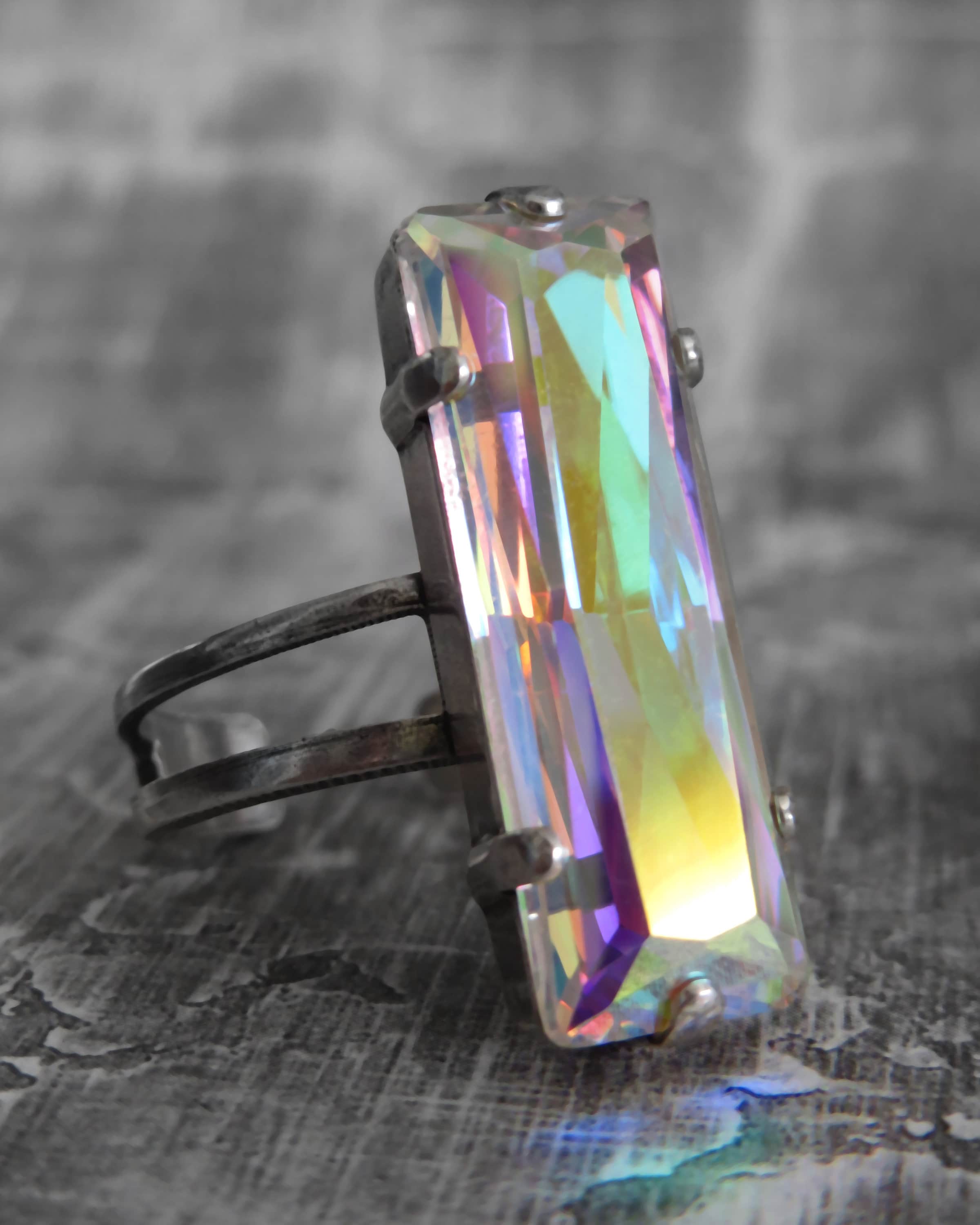 HEAVEN - Baguette Crystal Ring w Mystical Multicolor Crystal AB - Shimmer Flashy Colors, Pastel Yellow, Pink, Purple, Blue - Adjustable Band