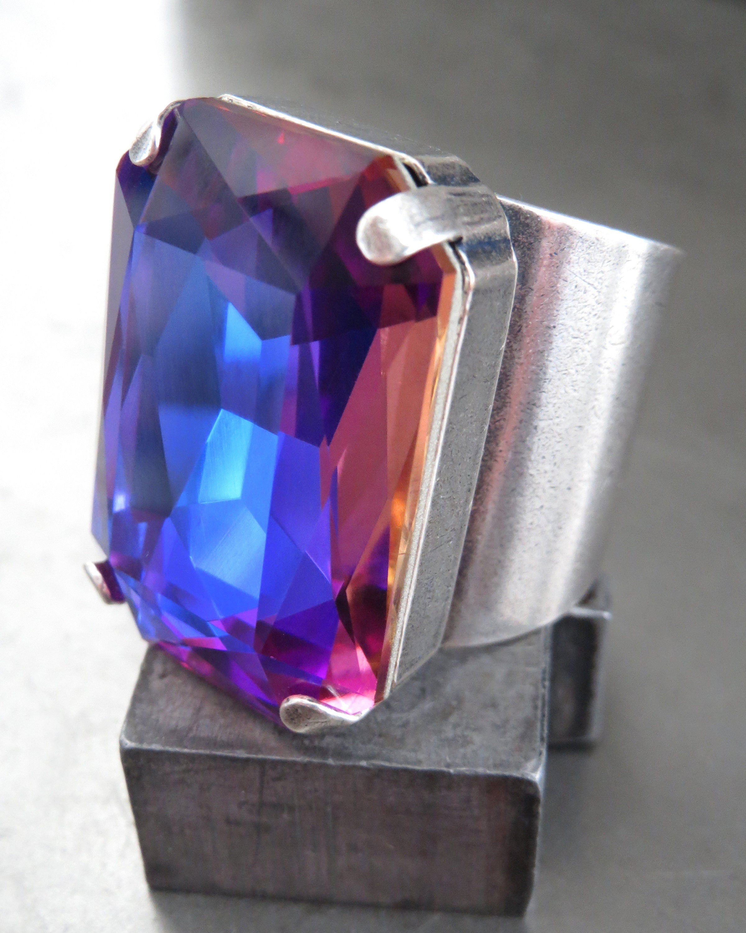NEBULA - Deep Blue Crystal Ring with Magenta, Purple, Violet Flashes - Antiqued Silver or Brass Adjustable Ring Band, Unisex Ring Style