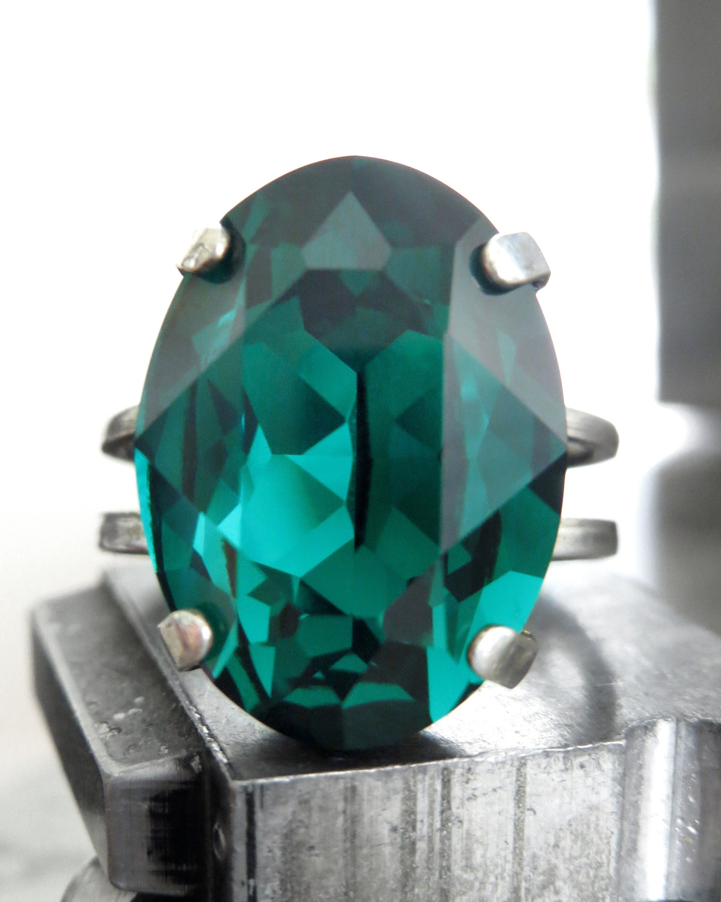 CROWN JEWEL: Emerald Green Crystal Ring, Oval Emerald Crystal Ring with Antiqued Silver Adjustable Band, May Birthstone Ring - 4120