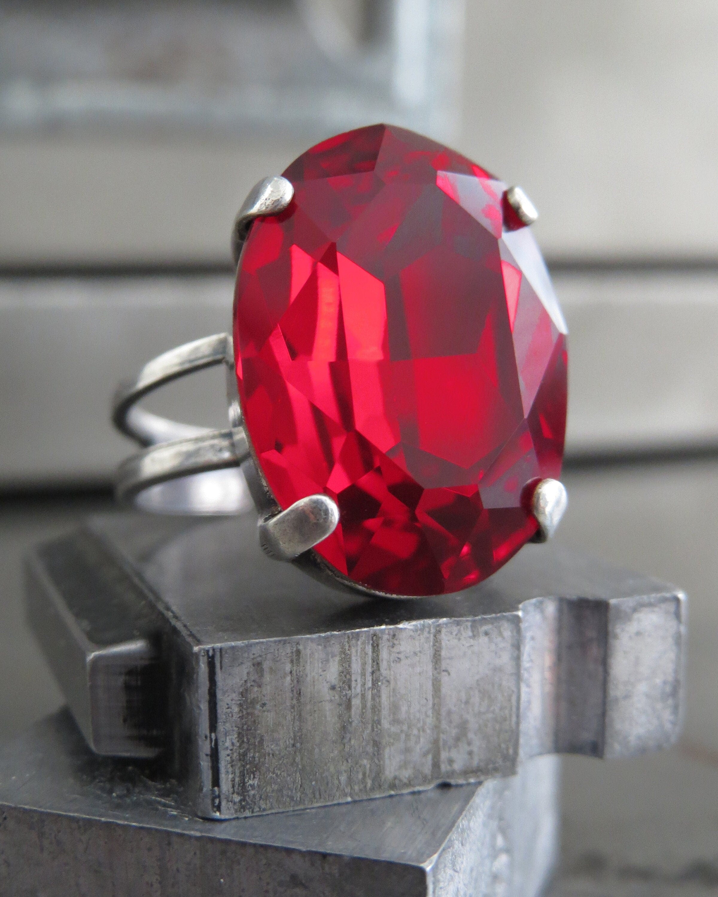 CROWN JEWEL: Regal Red Crystal Ring, Oval Siam Crystal with Antiqued Silver Adjustable Ring Band, Scarlet Ruby July Birthstone Ring - 4120