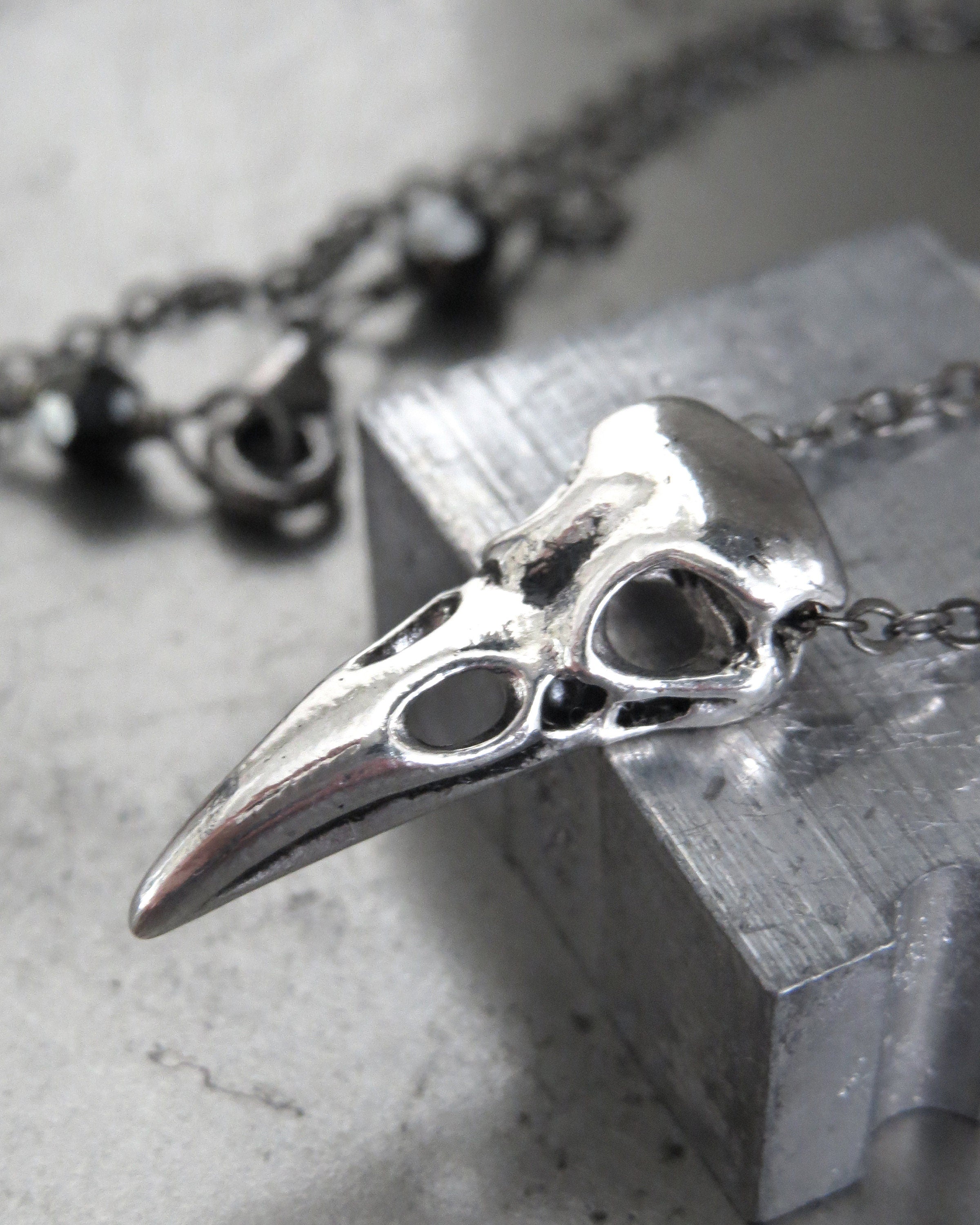 Small Bird Skull Pendant Necklace - Antiqued Silver Bird Skull Necklace, Gothic Halloween Skull Necklace, Skull Halloween Jewelry