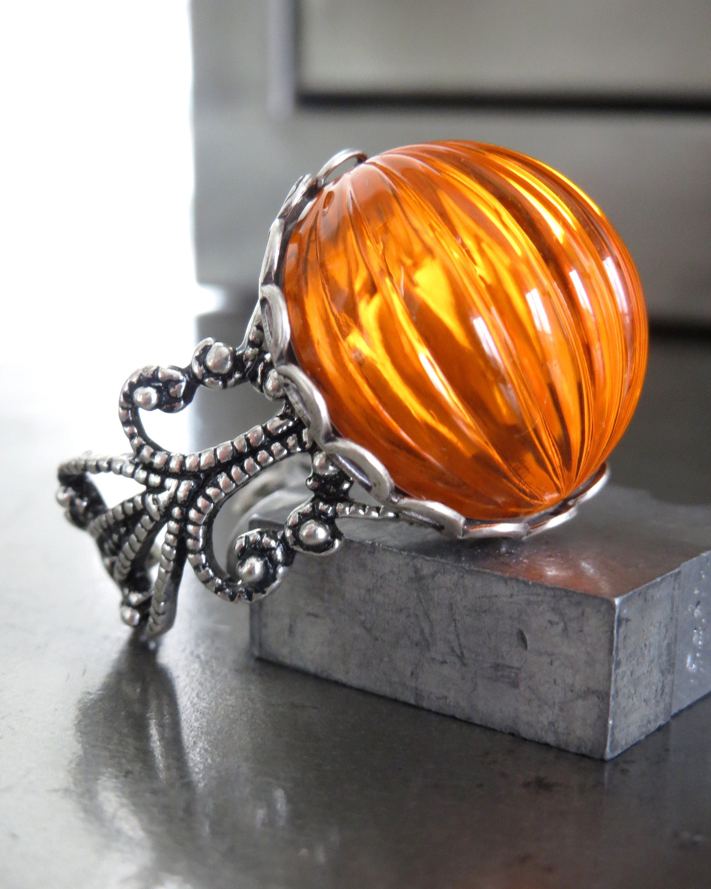 Orange Halloween Pumpkin Ring, Fun Halloween Ring Gift for Teen, Pumpkin Gift, Antiqued Silver Adjustable Ring, Trick Treat Gift Teen Girl