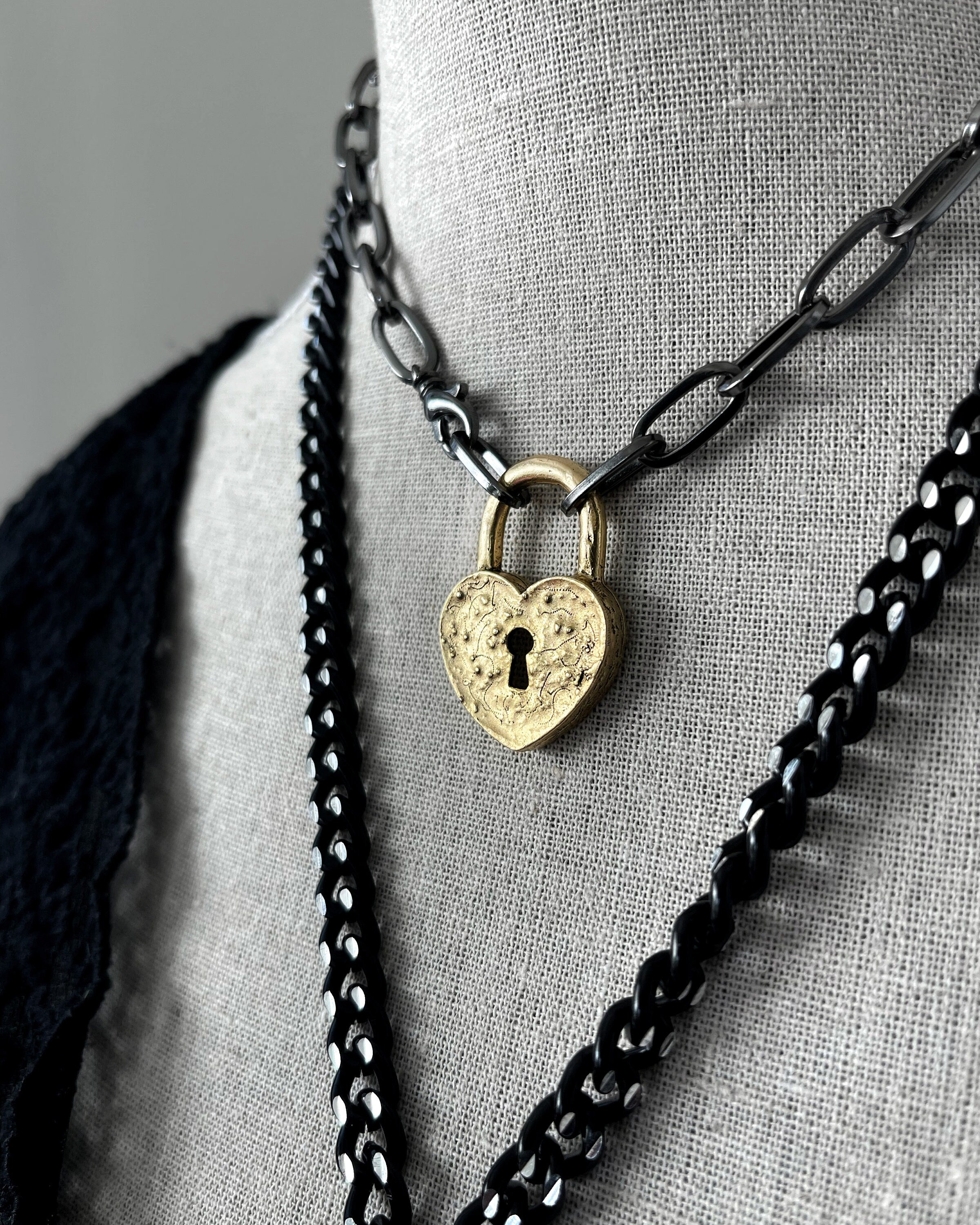 HEART of GOLD - Gold Heart Lock Necklace - Golden Heart Lock Pendant with Chunky Black Chain - Edgy Gothic Goth Valentine's Day Jewelry