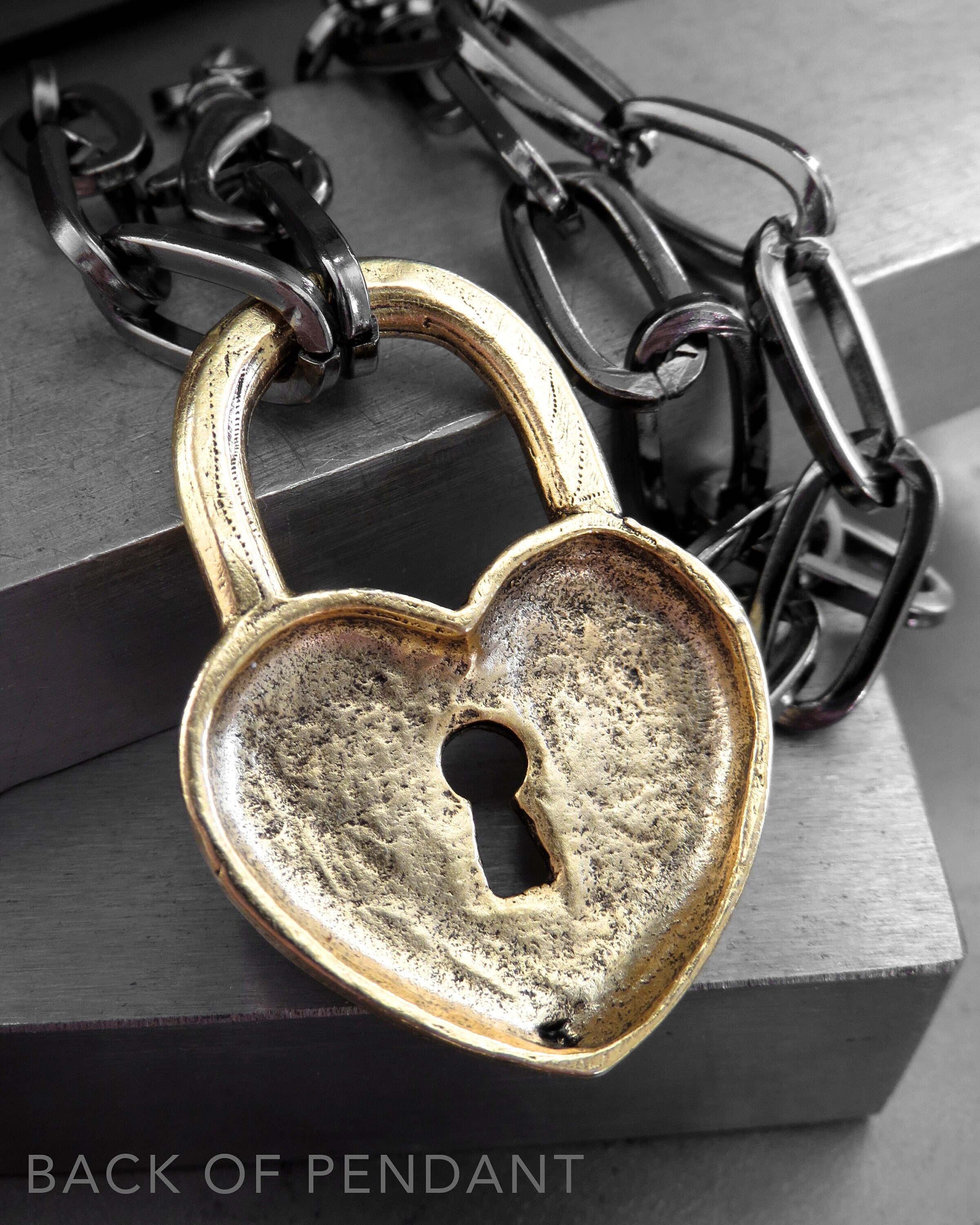 HEART of GOLD - Gold Heart Lock Necklace - Golden Heart Lock Pendant with Chunky Black Chain - Edgy Gothic Goth Valentine's Day Jewelry