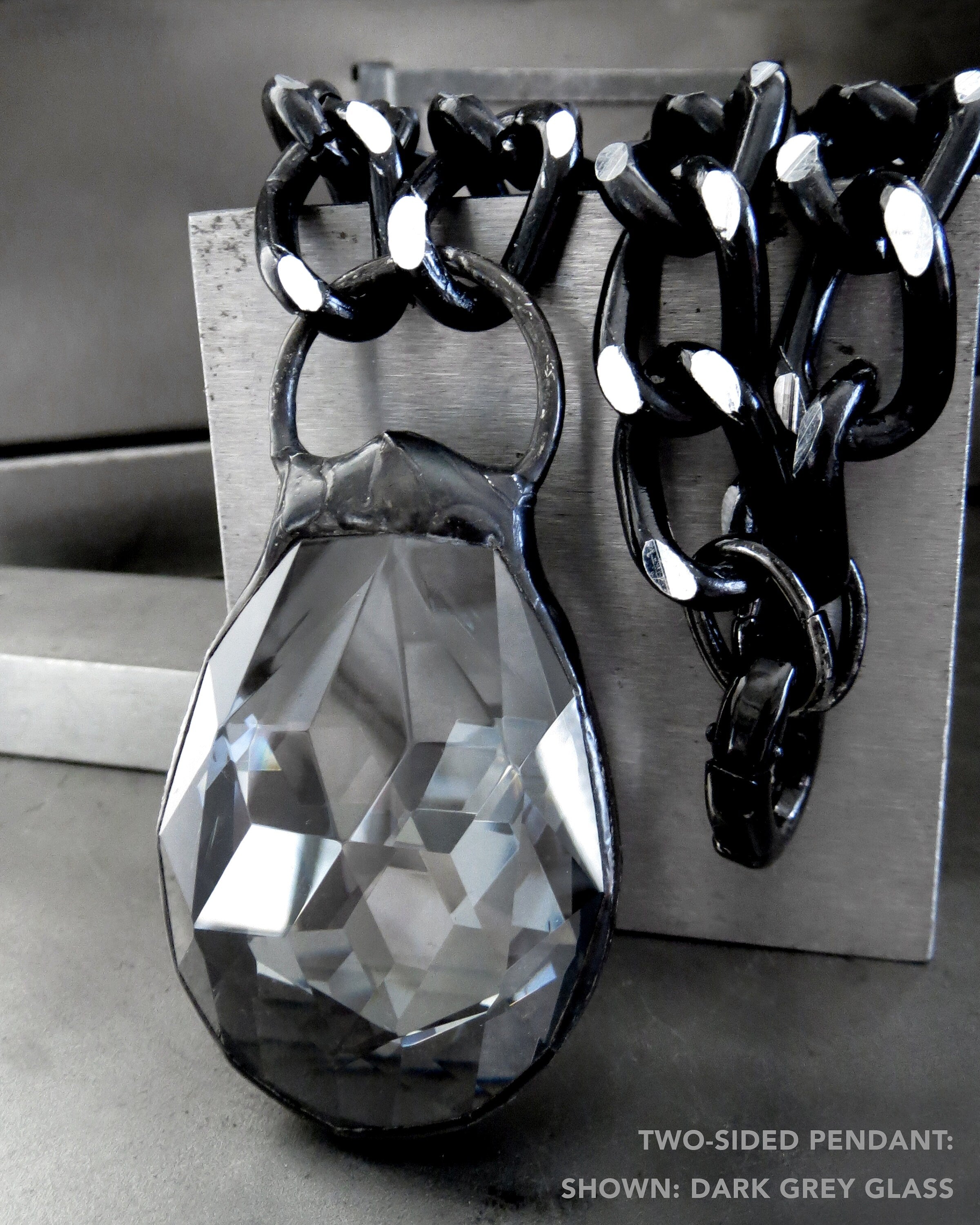TWO-FACED - Two-Sided Large Teardrop Pendant Necklace with Thick Black and Silver Faceted Chain - Metallic Silver and Black Diamond Teardrop