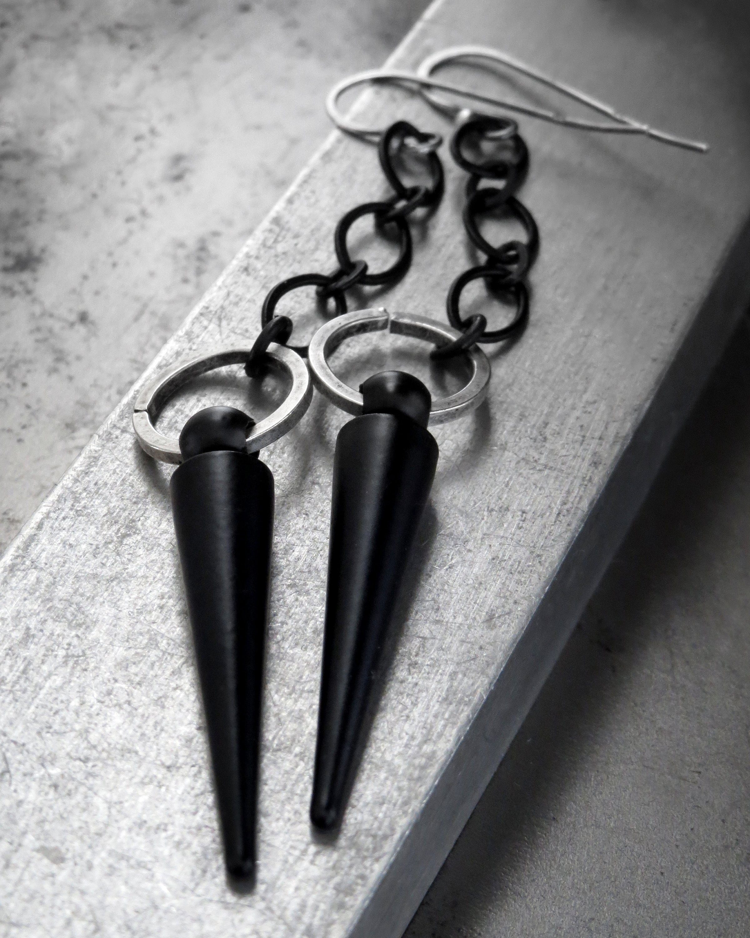 RAVE - Black Spike Earrings with Matte Black Chain - Edgy Long Black Chain Earrings - Modern Minimalist Jewelry