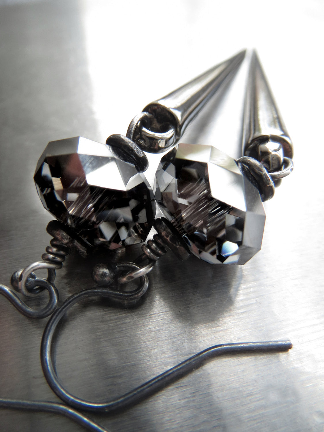 Gunmetal Black Spike Earrings with Crystal Accents