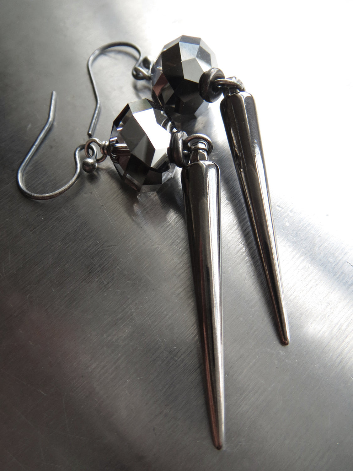 Gunmetal Black Spike Earrings with Crystal Accents
