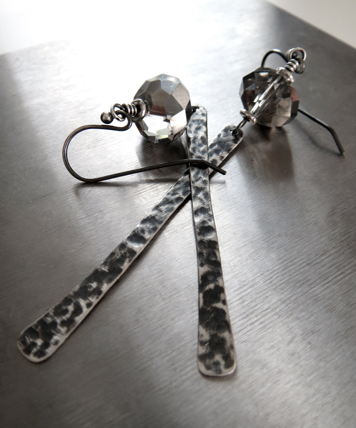 Long Hammered & Oxidized Sterling Silver Earrings with Metallic Crystal