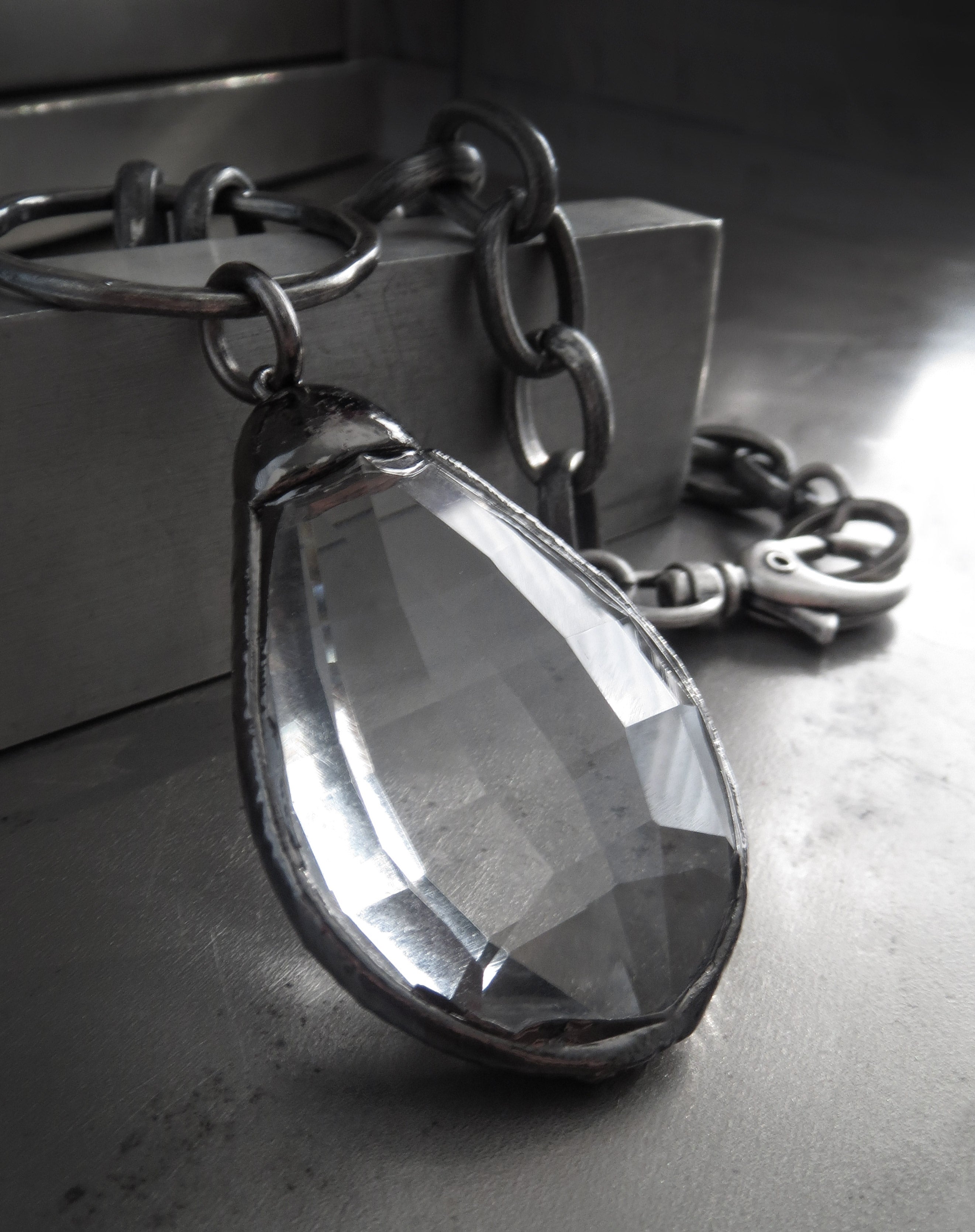 MEDIEVAL: Large Clear Glass Teardrop Necklace with Chunky Antique Silver Chain